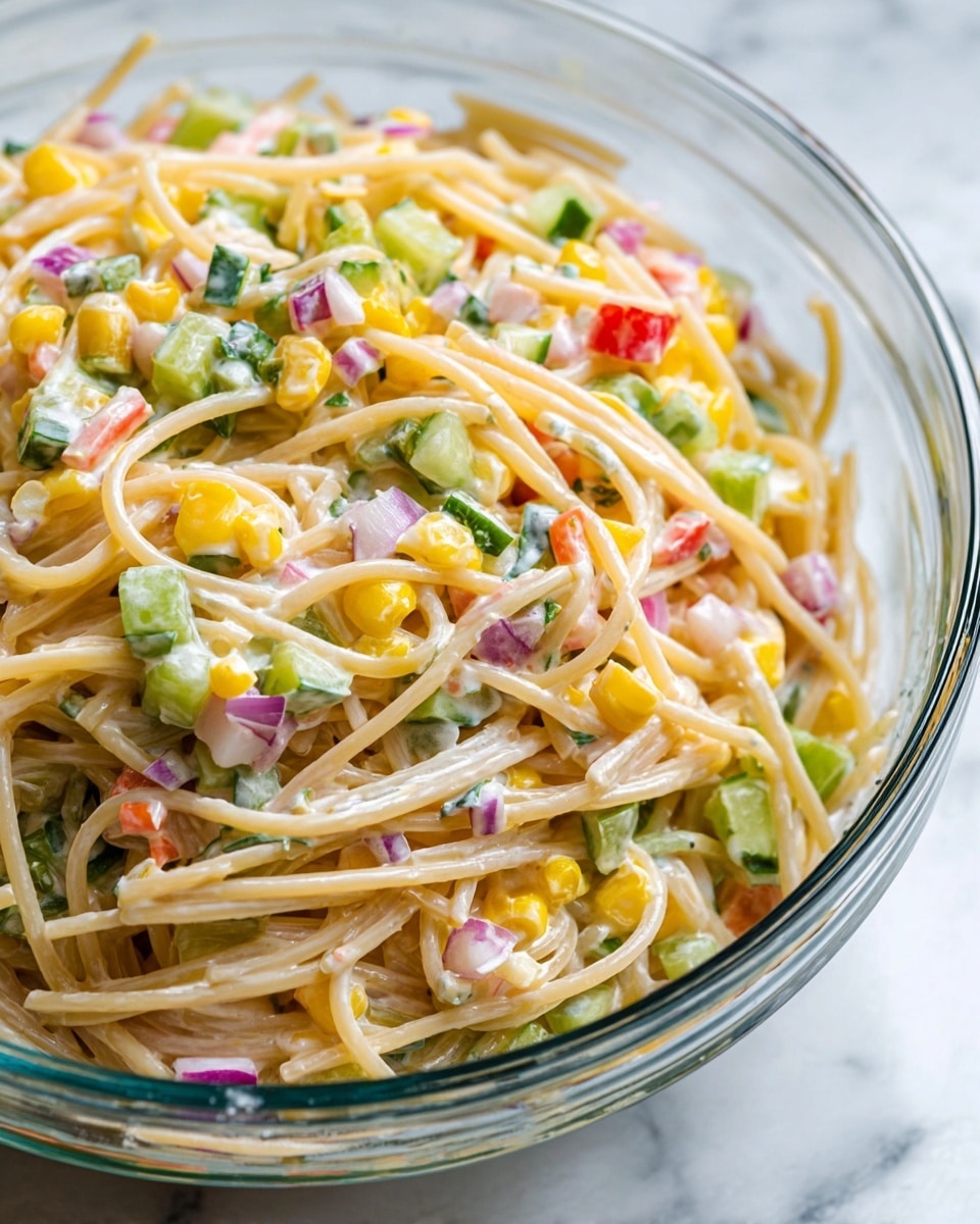 A close-up of a clear glass bowl filled with a mixed pasta salad. The dish has three main layers: long, pale yellow spaghetti noodles as the base, a layer of small, colorful chopped vegetables including green celery, red bell peppers, diced cucumbers, red onions, and bits of yellow corn spread throughout, and a creamy white dressing coating the pasta and vegetables evenly. The colors are bright and fresh, with the vegetables adding pops of green, red, purple, and yellow against the pale noodles and creamy sauce. The bowl sits on a white marbled surface, giving a clean and fresh look to the presentation. photo taken with an iphone --ar 4:5 --v 7
