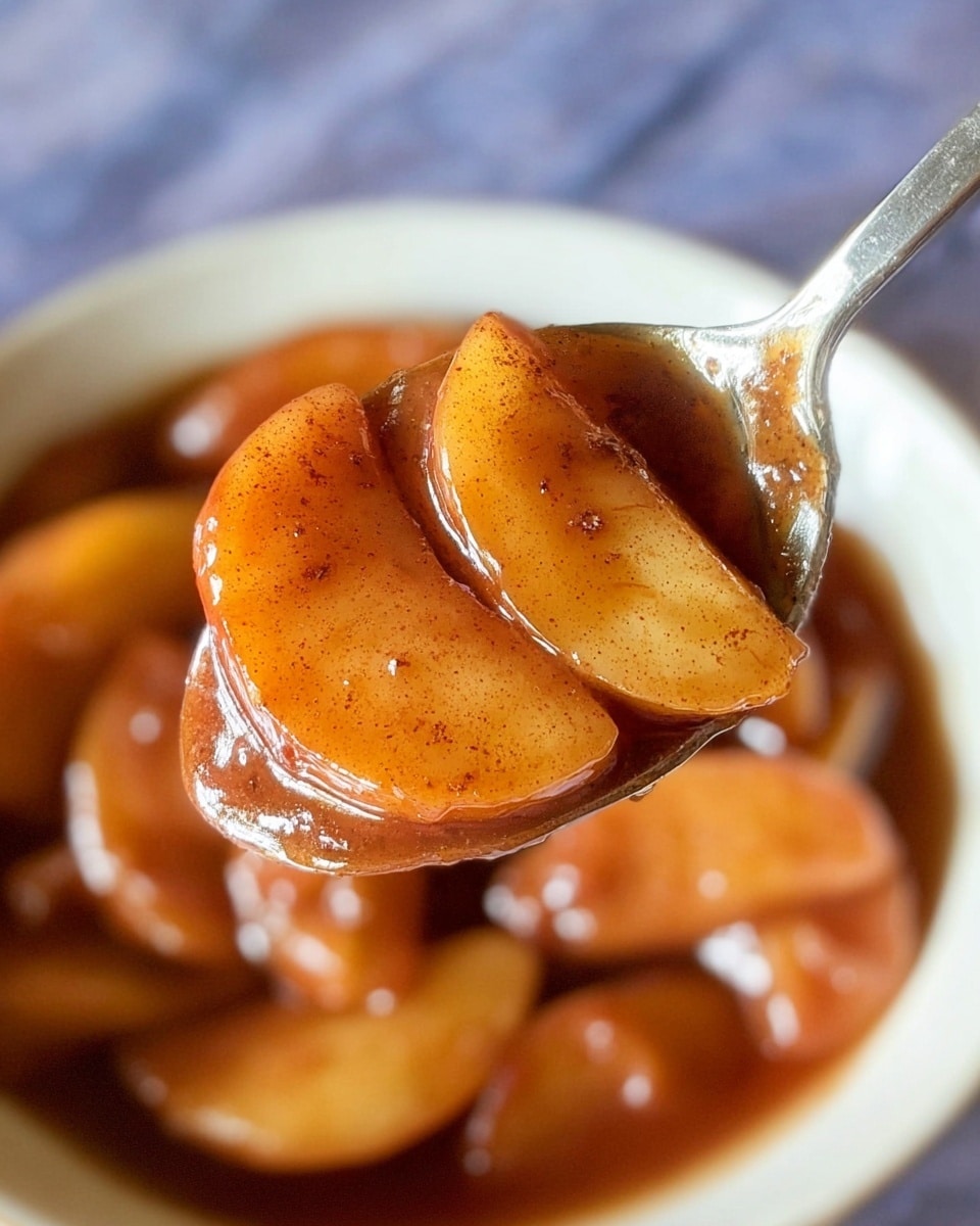 A close-up view of a spoon holding two slices of glossy, cinnamon-coated cooked apples with a soft, tender texture and golden-brown color, above a white bowl filled with more cinnamon apple slices in syrup, showing warm orange and brown hues with specks of cinnamon on a white marbled surface background. photo taken with an iphone --ar 4:5 --v 7