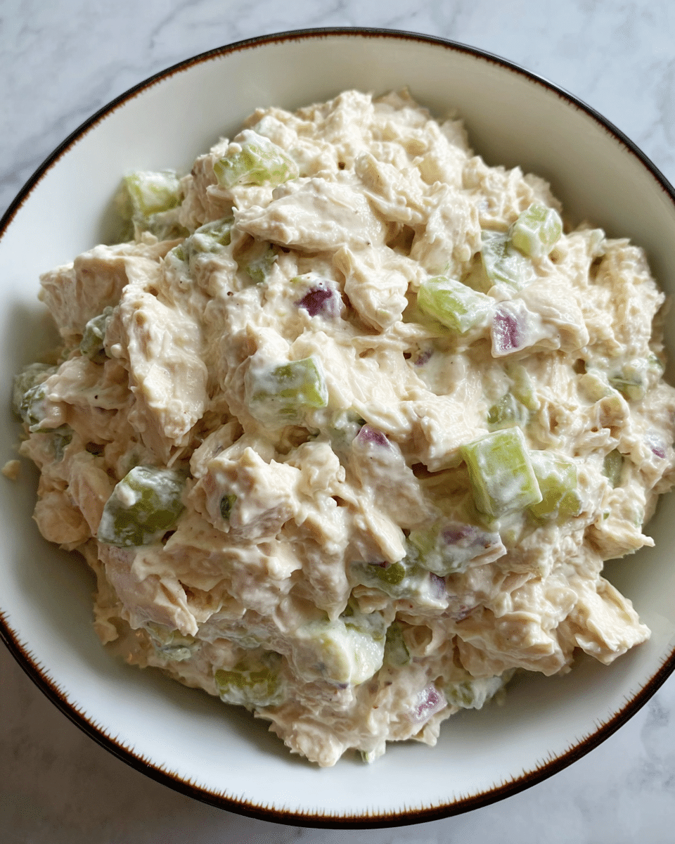 A close-up view of a creamy chicken salad served in a white bowl with a thin dark rim, filled almost to the top. The salad has a thick, soft texture with shards of shredded chicken in a pale off-white color mixed with small chunks of light green celery and tiny bits of purple-red onion scattered throughout. The creamy dressing coats all ingredients evenly, giving the salad a moist appearance. The bowl sits on a white marbled surface, highlighting the fresh and rich look of the dish. photo taken with an iphone --ar 4:5 --v 7