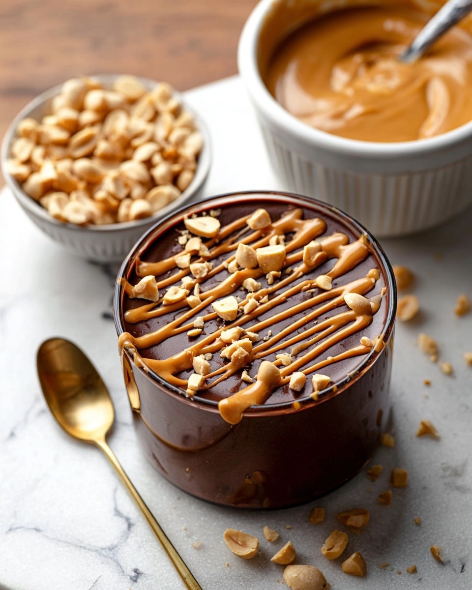 A glass cup filled with a smooth, glossy dark chocolate layer, topped with a light brown peanut butter drizzle in thin lines and sprinkled with uneven chopped peanuts. Behind it, a white bowl contains a creamy peanut butter sauce with a spoon inside, and another white bowl beside it is filled with coarsely chopped peanuts. The items rest on a white marbled surface with a shiny golden spoon placed nearby. photo taken with an iphone --ar 4:5 --v 7