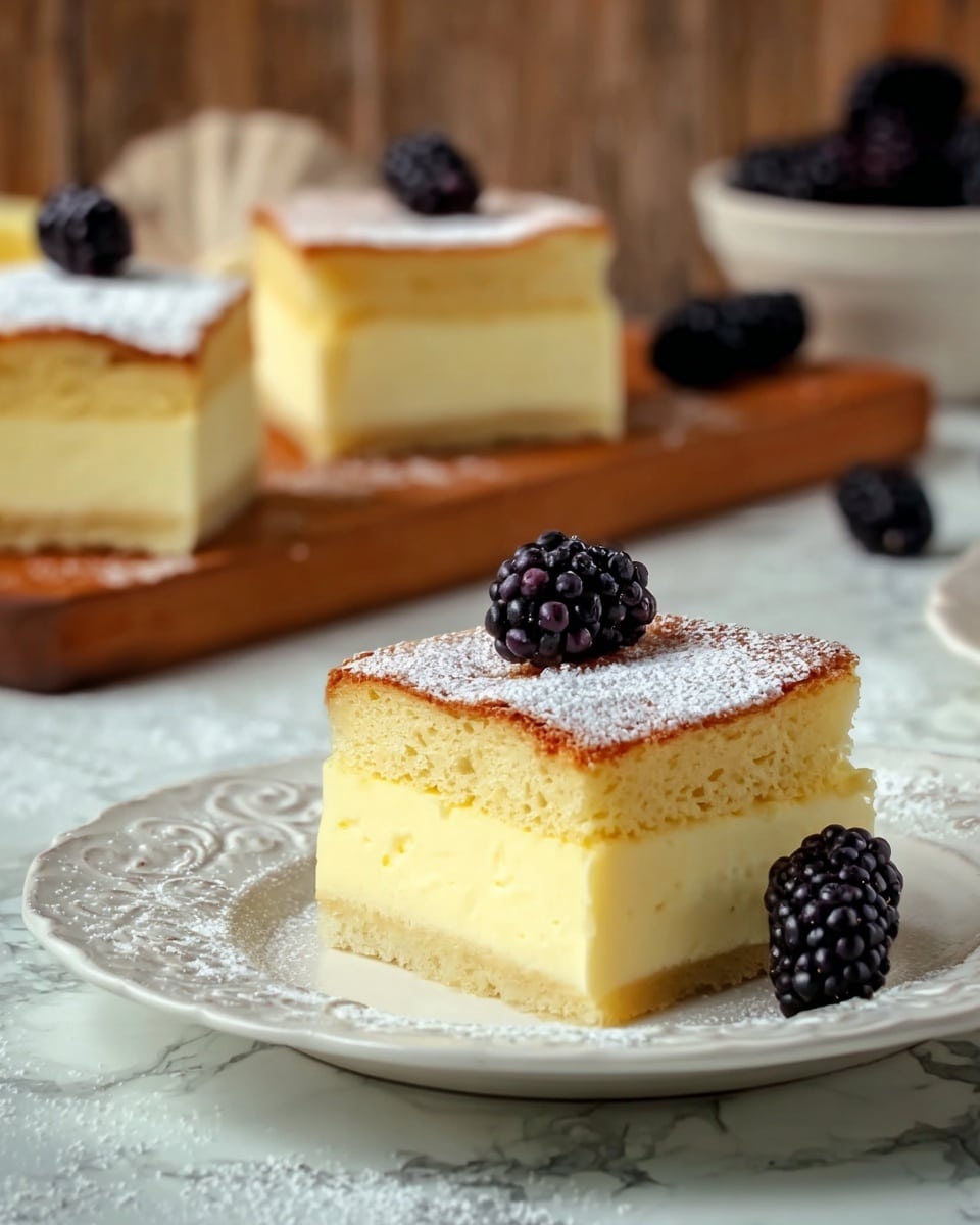 The image shows a piece of cake with three layers placed on a white plate with delicate patterns. The bottom layer is a pale yellow custard, smooth and firm; the middle layer is a creamy, lighter yellow filling with a soft texture; the top layer is a golden-brown baked sponge cake, slightly textured and dusted with a small amount of powdered sugar. On top of the cake sits a large, dark blackberry, and another blackberry rests beside the cake on the plate. In the background, there are two more pieces of the same cake on a wooden cutting board, with more blackberries scattered around, all set on a table with a white marbled texture. Photo taken with an iphone --ar 4:5 --v 7