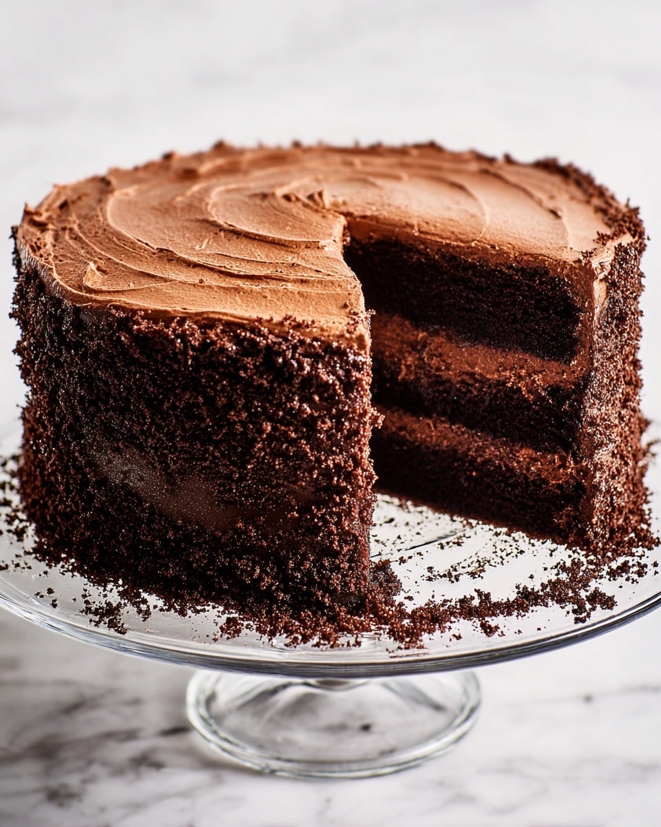 A two-layer chocolate cake with dark, moist cake layers and light brown chocolate frosting between them and on top, the top frosting has a smooth texture with gentle swirls, the side of the cake is coated with coarse chocolate crumbs, it is placed on a clear glass cake stand against a white marbled background with some cake crumbs scattered on the stand. photo taken with an iphone --ar 4:5 --v 7