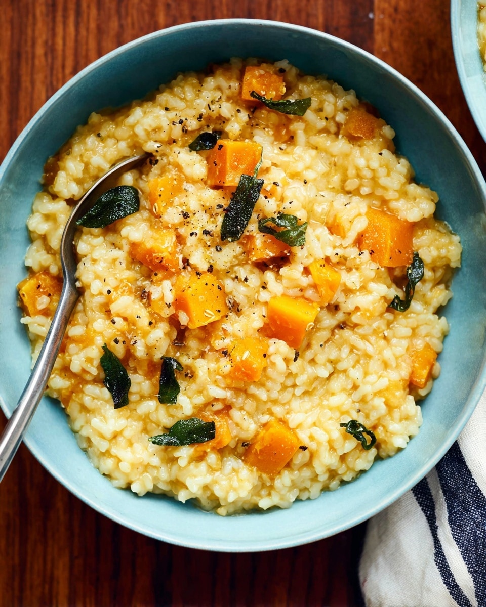A light blue bowl filled with creamy orange-yellow risotto shows visible small to medium rice grains mixed with orange cubes, likely butternut squash, distributed evenly. On top, dark green crispy herb pieces, probably sage, are scattered, along with a light dusting of black pepper adding specks of black contrast. A silver spoon sits inside the bowl on the left side, partially buried in the risotto. The bowl rests on a warm brown wooden surface with part of a white cloth with dark blue stripes peeking from the right edge. Photo taken with an iphone --ar 4:5 --v 7