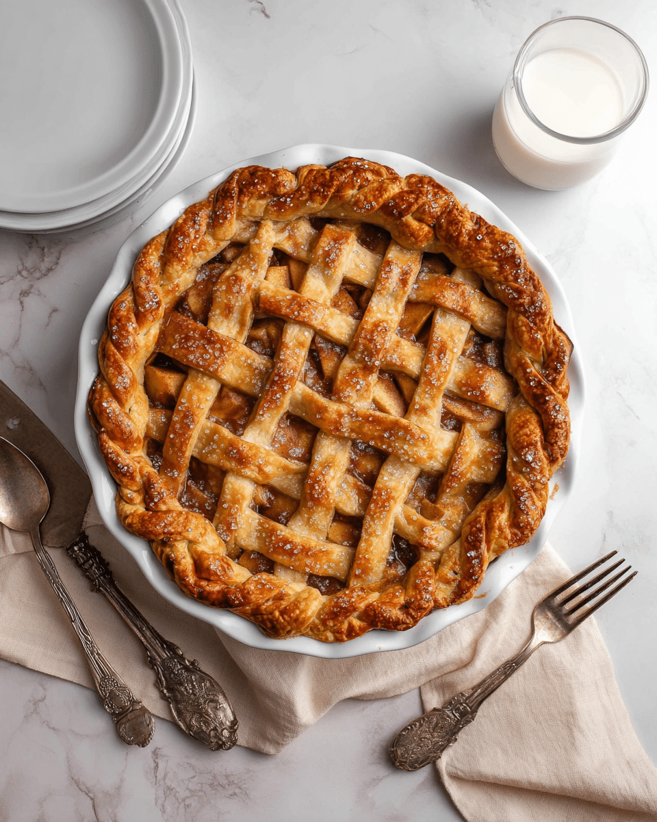 The image shows a freshly baked apple pie in a white pie dish with a golden-brown lattice crust on top. The crust is braided around the edge and has a slightly shiny, glazed texture with small sugar crystals visible. Beneath the lattice, the apple filling can be seen, with a warm brown color and soft texture. The pie is placed on a white marbled surface with a beige cloth napkin underneath a silver pie server. Next to the pie are two antique-style silver forks and a glass of milk with a frothy surface. photo taken with an iphone --ar 4:5 --v 7