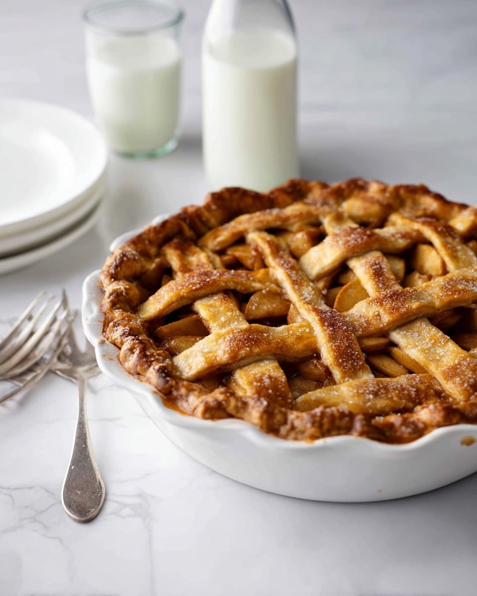 A golden-brown apple pie with a lattice crust sits in a white ceramic pie dish. The top crust is made of thick, crisscrossed strips of baked dough with a slightly shiny, sugary glaze and a textured, flaky surface. Beneath the lattice, the warm brown apple filling peeks through. The pie dish rests on a white marbled texture. In the background, a clear glass of milk and a glass bottle of milk add a simple, fresh touch, while two silver forks are placed nearby on the white marbled surface. photo taken with an iphone --ar 4:5 --v 7