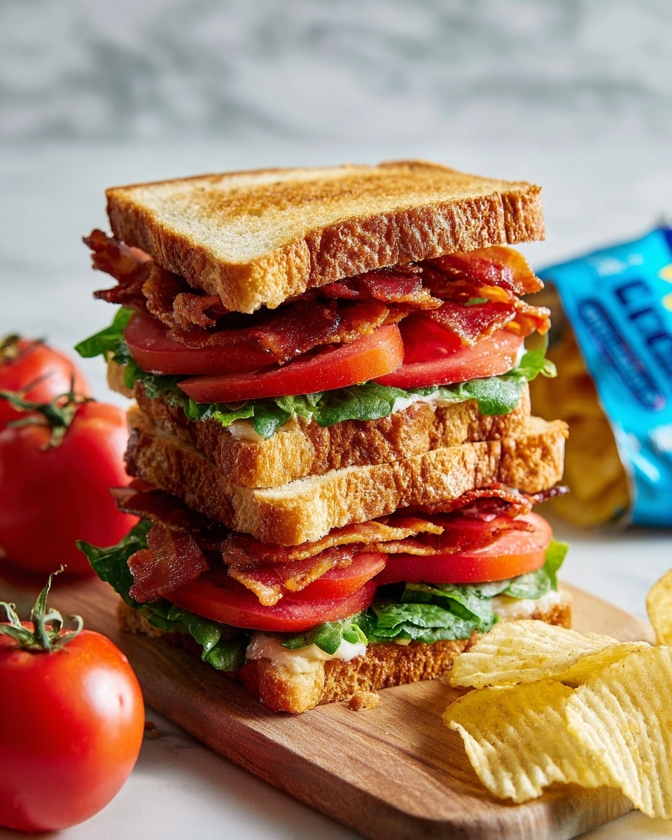 A stack of four sandwich halves sits on a wooden board, each sandwich made with three slices of toasted bread that are golden brown with a crispy texture; between the first and second slice is a layer of green lettuce and crispy red-brown bacon, followed by bright red tomato slices, another layer of bacon, and more green lettuce before the top slice of bread. To the left of the stacked sandwiches, there are bright red tomatoes with green stems, and on the right side, some light yellow potato chips spill out from a partially visible blue bag on a white marbled surface. photo taken with an iphone --ar 4:5 --v 7