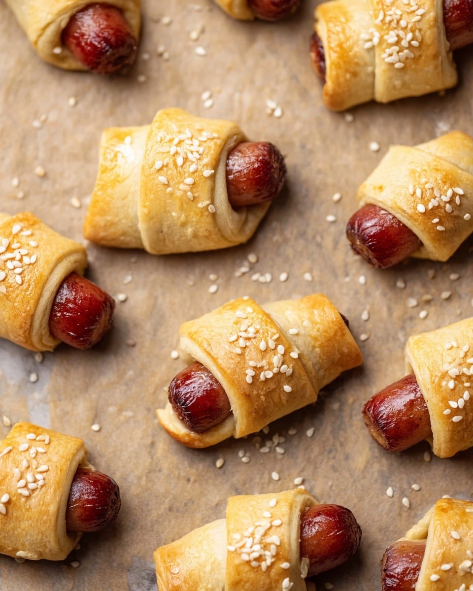 Small crescent roll bites each with a single browned sausage wrapped inside, arranged on a light brown baking paper over a white marbled surface. Each bite shows one layer of golden baked dough folded tightly around the sausage, topped with a sprinkle of white sesame seeds. The dough is smooth and flaky with a slightly shiny crust, and the sausages are glossy and reddish with slight charring. Scattered sesame seeds lie between the bites on the baking paper. Photo taken with an iphone --ar 4:5 --v 7