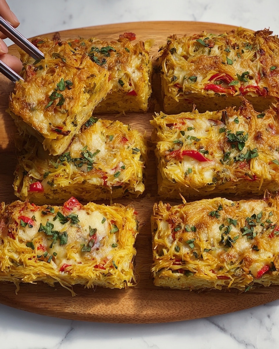 The image shows six rectangular pieces of a baked dish arranged on a wooden board. Each piece has a golden-brown top layer with melted cheese that looks bubbly and slightly crispy. Underneath the cheese, thin strands of what seems to be pasta or noodles are mixed with red pepper slices and bits of green herbs, giving it a colorful mix of yellow, red, and green. The texture looks soft but firm enough to hold shape, with the herbs scattered on top for a fresh look. In the top left corner, a woman's hand with utensils is ready to pick up one piece. The background is a white marbled texture. photo taken with an iphone --ar 4:5 --v 7