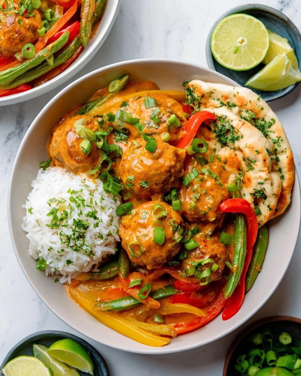 The image shows a white bowl filled with a colorful dish consisting of several layers. At the bottom, there is a mix of sliced red and yellow bell peppers and green beans, all coated in a creamy orange sauce. On top of the vegetables, there are round meatballs also covered in the same sauce, garnished with chopped green onions and fresh green herbs. To the right side of the bowl, there is a small mound of white rice sprinkled with herbs and two wedges of lime placed above the rice. Two pieces of naan bread, garnished with herbs, are placed on the right edge of the bowl. The bowl sits on a white marbled textured surface, with additional small bowls containing lime wedges and green onions partially visible around it. photo taken with an iphone --ar 4:5 --v 7