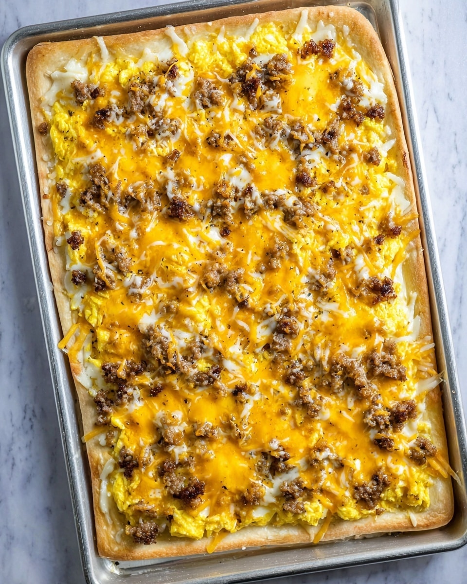 The image shows a rectangular breakfast pizza on a silver baking tray with a white marbled surface underneath. The pizza has three visible layers: the bottom layer is a thin, light golden crust. On top of the crust, there is a layer of scrambled eggs that are bright yellow with soft texture. Scattered unevenly over the eggs are pieces of cooked ground sausage, brown in color with a crumbly texture. The final layer is melted cheese, with patches of orange cheddar and white mozzarella stretched in between, covering the eggs and sausage. The edges of the pizza are slightly crisp and golden. Photo taken with an iphone --ar 4:5 --v 7