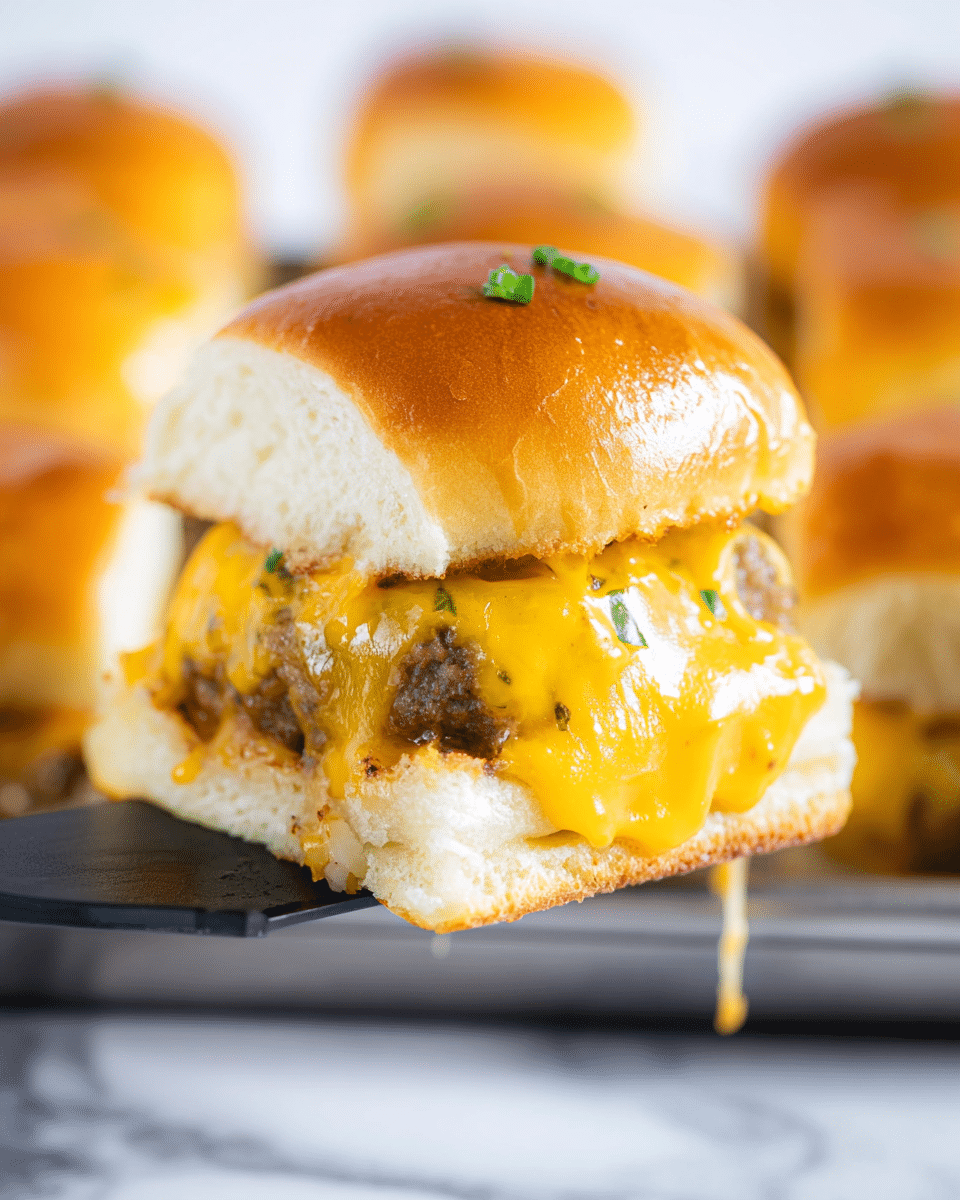 A close-up of a slider with three main layers inside a soft, golden-brown bun. The top layer is the shiny bun with a few small green chive pieces sprinkled on it. Below the bun is a thick brown sausage patty covered with melted bright orange cheddar cheese that drips over the sides. Under the sausage is a layer of more melted cheddar cheese sitting on a white shoe-string potato layer, also covered in melted cheese against the bottom bun. The slider is being lifted on a black spatula above a white marbled surface, with more sliders blurred in the background. Photo taken with an iphone --ar 4:5 --v 7