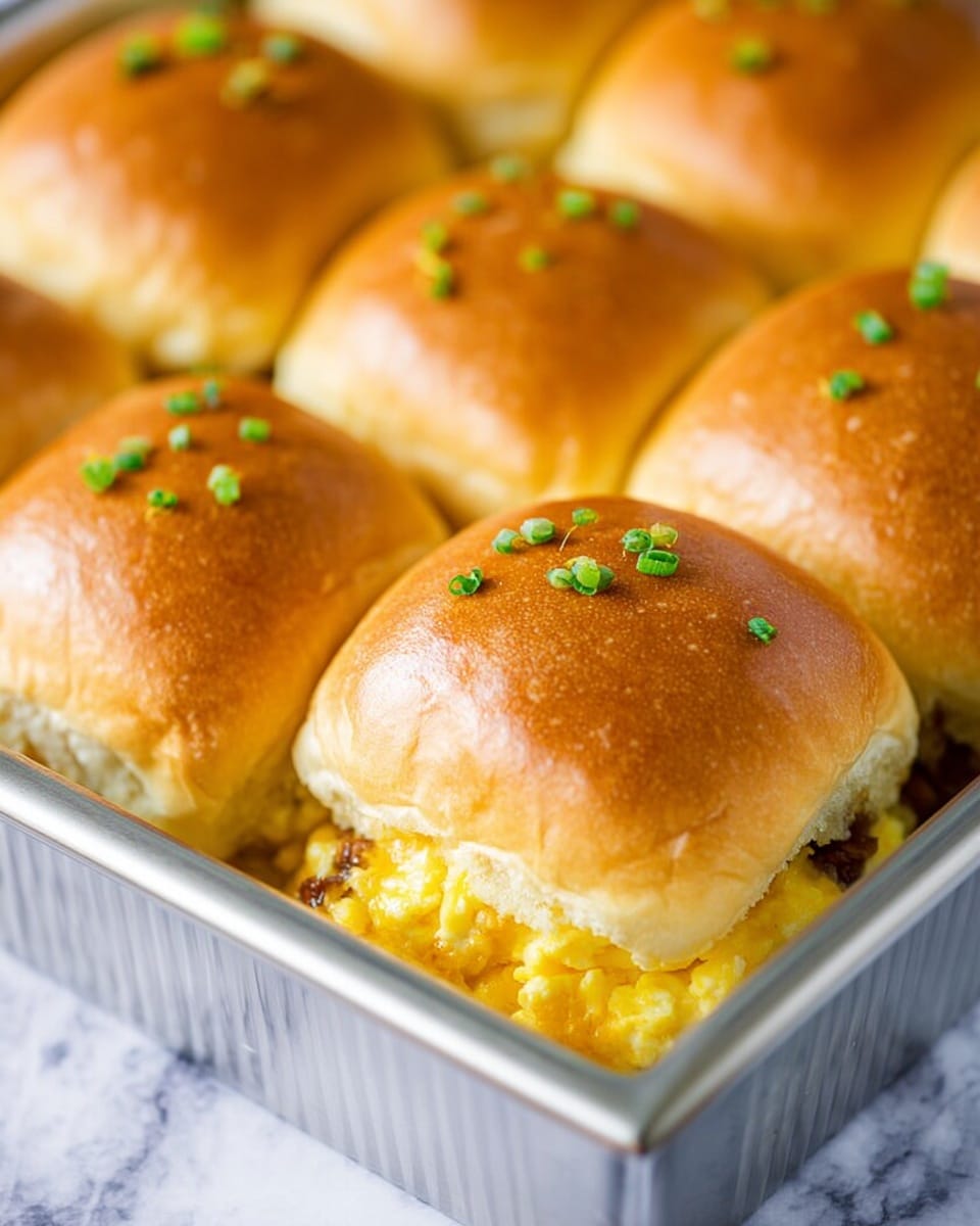 The image shows a close-up of six sandwich sliders in a silver baking pan. Each slider has a soft, shiny browned top bun sprinkled with small bits of green chives. Between the buns, layers of scrambled yellow eggs and melted cheese can be seen, with a hint of a darker meat layer underneath. The sliders are tightly packed in the pan, and the background features a white marbled texture that highlights the warm colors of the food. photo taken with an iphone --ar 4:5 --v 7