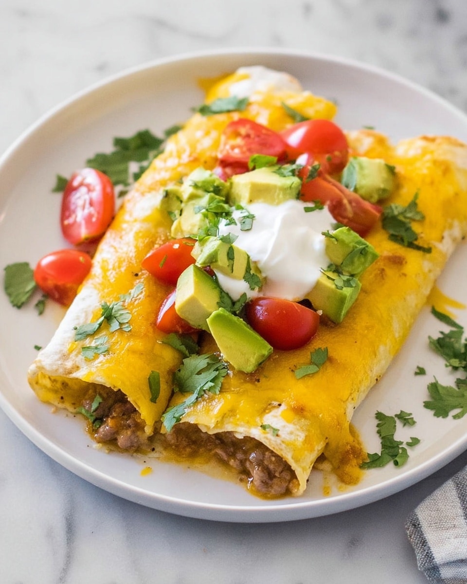 Two rolled tortillas filled with meat and beans create the base layer, covered with melted yellow and white cheese. On top, there are small chunks of green avocado, quartered red cherry tomatoes, and fresh green cilantro leaves scattered around. In the middle, a dollop of white sour cream adds contrast, all arranged on a white plate set against a white marbled surface. Photo taken with an iphone --ar 4:5 --v 7