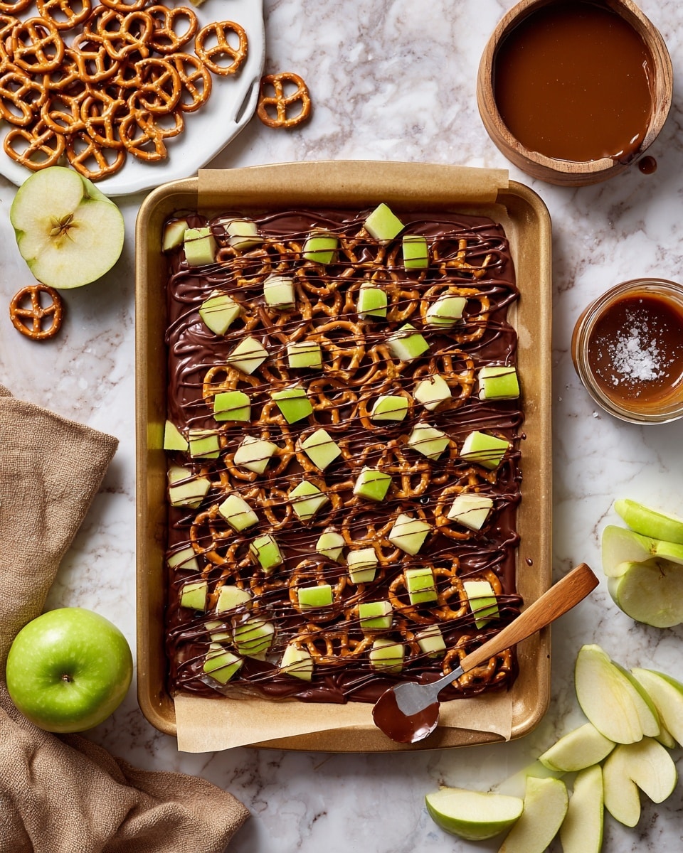 A rectangular tray lined with parchment paper holds a layered snack beginning with a bottom layer of golden brown pretzels arranged in a single even layer. Over the pretzels is a smooth layer of dark chocolate that partially covers them. On top, there are small cubes of fresh green apple scattered evenly across the surface. Finally, a thin drizzle of dark chocolate is artistically spread over the apple pieces. The tray sits on a white marbled surface surrounded by extra pretzels, chopped apples, a bowl with melted chocolate, a small jar of caramel sauce on a white plate with a spoon, a wooden bowl of salt, and a whole green apple with some slices cut beside it. A spoon with melted chocolate rests on the tray’s edge. photo taken with an iphone --ar 4:5 --v 7