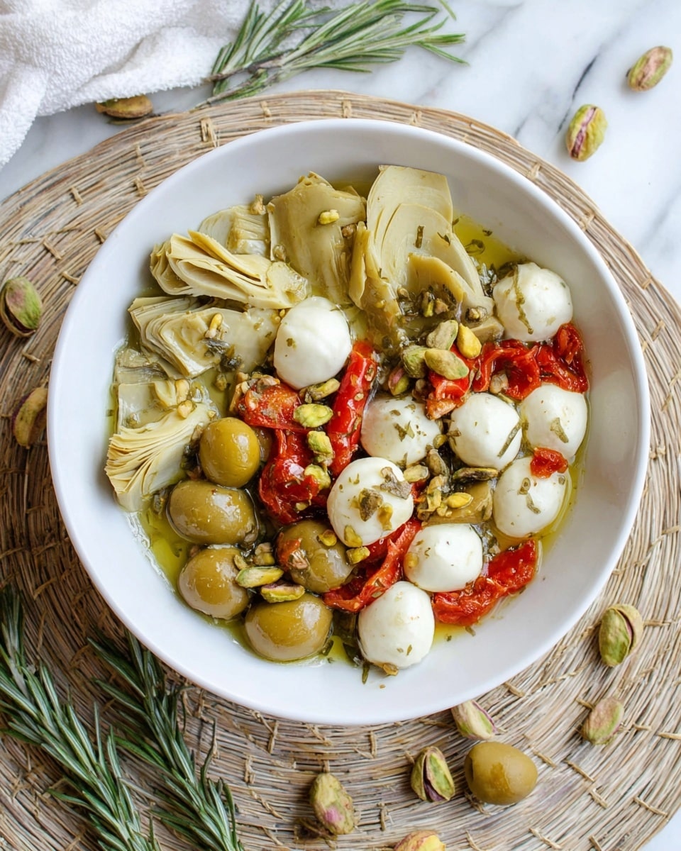 A white bowl filled with an antipasto mix inside a larger white plate, resting on a woven placemat over a white marbled surface. The mix includes three layers: the first layer has light green artichoke hearts with a soft, fibrous texture, some cut into wedges and others whole; the second layer features large, shiny green olives stuffed with small red peppers scattered throughout; the third layer contains small white mozzarella balls with a smooth surface, mixed with roasted golden-brown pistachios and thin slices of red bell pepper, all drizzled with a light greenish olive oil and specks of herbs. Around the bowl on the plate are scattered pistachios, herbs, and a sprig of rosemary. photo taken with an iphone --ar 4:5 --v 7
