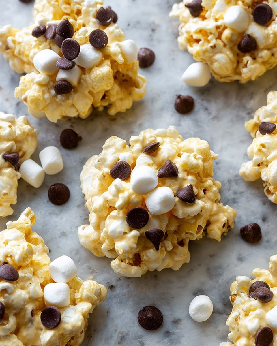 The image shows clusters of light yellow popcorn mixed with small white marshmallows, all held together by a creamy coating. Each cluster is topped with scattered small dark brown chocolate chips, adding contrast to the pale popcorn and marshmallows. The clusters are uneven and chunky, sitting on a light grey baking tray that is replaced with a white marbled texture. Photo taken with an iphone --ar 4:5 --v 7