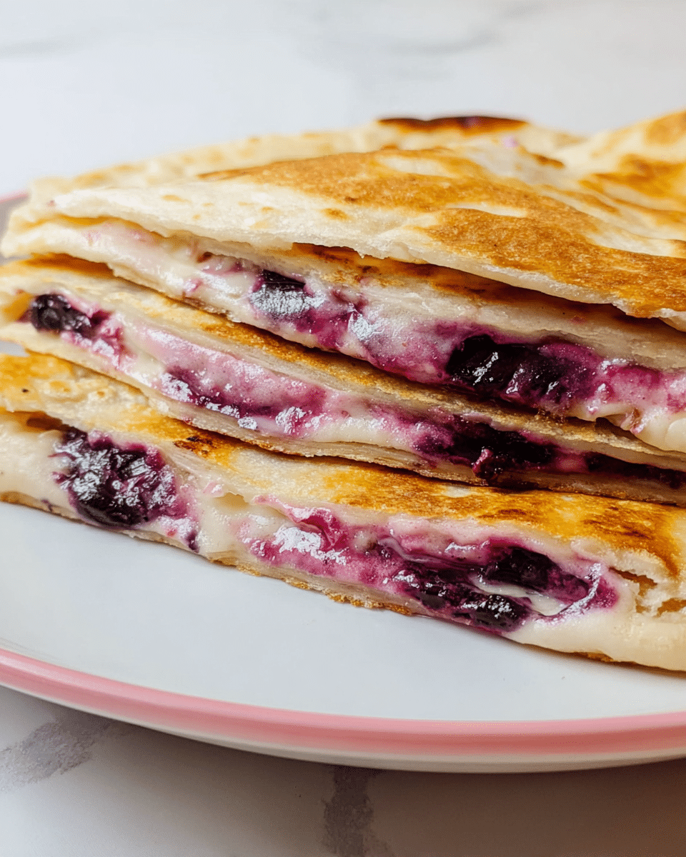 A close-up of a folded flatbread cut into two layers with a soft, golden-brown outer crust; inside, there are two distinct layers of creamy purple filling with a smooth, slightly shiny texture mixed with darker purple fruit bits, all stacked on a white plate with a pink rim, sitting on a white marbled surface. photo taken with an iphone --ar 4:5 --v 7