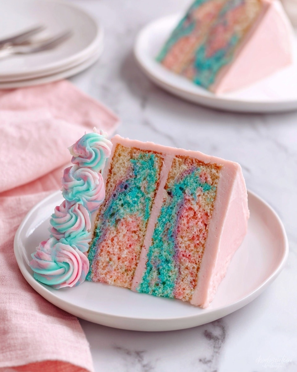 A slice of three-layer cake sits on a white plate placed on a white marbled surface with a soft pink cloth nearby; the cake layers have a swirl mix of bright teal and soft pink colors with a slightly crumbly texture, each separated and coated with smooth pale pink frosting. The cake's outside is covered in the same smooth pale pink frosting, with a delicate piped swirl of frosting in light blue and pink hues at the base on the left side of the slice. In the background, there is another piece of the same cake on a white plate. Photo taken with an iphone --ar 4:5 --v 7