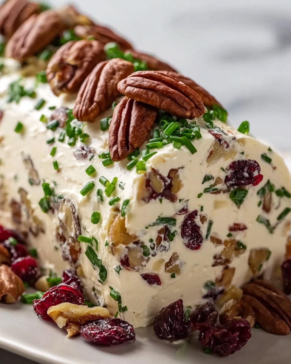 A close-up view of a cheese log shaped like a thick cylinder covered with smooth white creamy cheese. Inside the cheese layer, there are visible pieces of red dried cranberries, dark brown nuts, and chopped green chives mixed throughout. The top of the log is decorated with whole pecans, arranged closely together, and sprinkled with more chopped green chives. The cheese log sits on a white plate placed on a white marbled surface. photo taken with an iphone --ar 4:5 --v 7