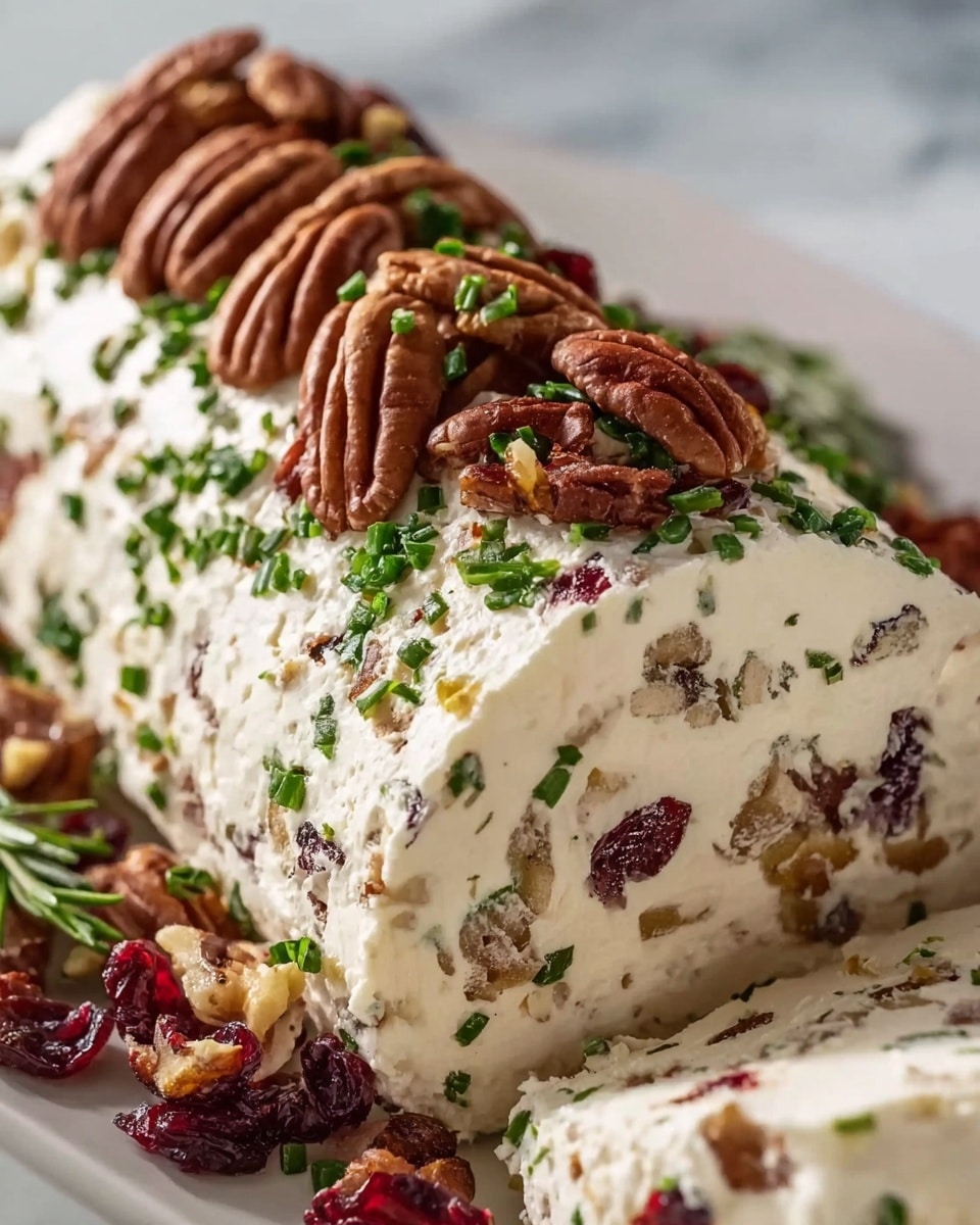A close-up view of a creamy white cheese log layered with chunks of brown nuts and dark red dried cranberries inside, topped with whole pecans arranged neatly on the rounded surface. Chopped green herbs are sprinkled evenly across the outside, adding pops of color to the smooth, soft texture of the cheese. The log rests on a white plate, set on a white marbled surface. photo taken with an iphone --ar 4:5 --v 7