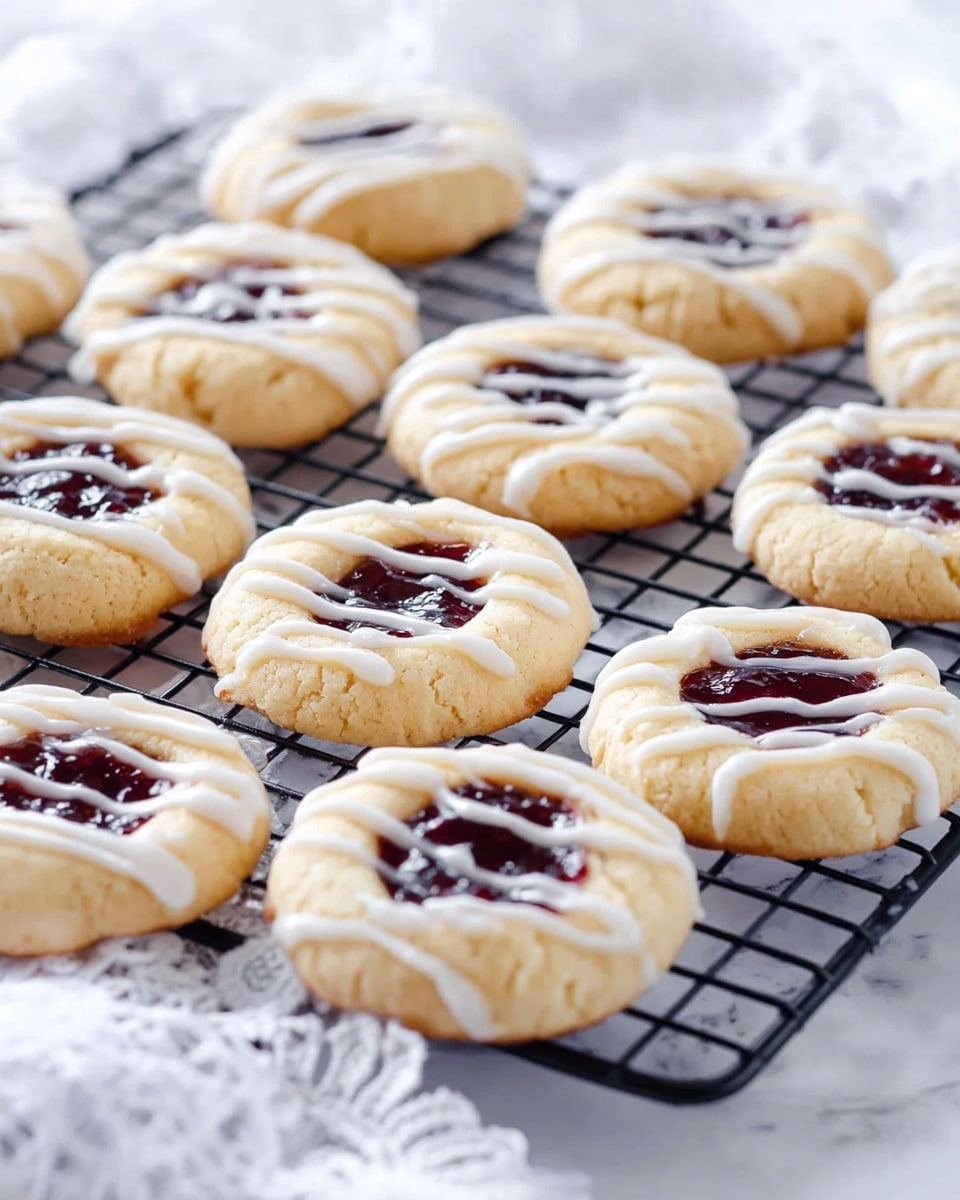 There are many small round cookies arranged on a black wire cooling rack placed on a white marbled surface. Each cookie has two layers: a pale golden dough base that looks soft and slightly crumbly, topped with a dark, glossy jam in the center creating a small well shape. On top of each cookie, there are thin white icing lines drizzled unevenly across the jam, adding a smooth texture contrast. In the background, a white cloth with a lace edge is softly crumpled. The scene is bright and clean with soft natural light. photo taken with an iphone --ar 4:5 --v 7