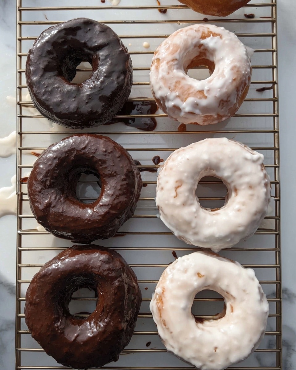 The image shows six doughnuts on a metal cooling rack over a white marbled surface. There are three chocolate-glazed doughnuts on the left side, each with a thick, shiny, dark brown layer of chocolate glaze that looks smooth but slightly uneven in texture. On the right side, there are three glazed doughnuts covered with a thin, glossy white icing that has dripped and hardened unevenly, creating visible patches of light brown dough beneath. The doughnuts are arranged in two rows of three, evenly spaced, with some glaze dripping down to the rack and surface below. photo taken with an iphone --ar 4:5 --v 7