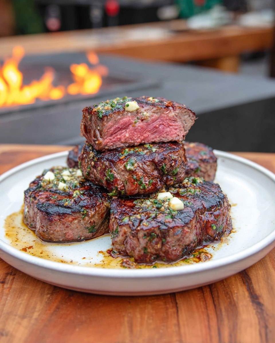 A white plate holds four thick, round steaks with a dark, grilled crust and green herb bits on top. One steak is cut in half and stacked in front, showing a pink, juicy inside with a hint of melted cheese or sauce between the layers. Small pieces of white garlic and herbs are scattered on top and around the steaks. The plate is placed on a wooden board with a white marbled background and a fire pit glowing softly in the blurry background. photo taken with an iphone --ar 4:5 --v 7