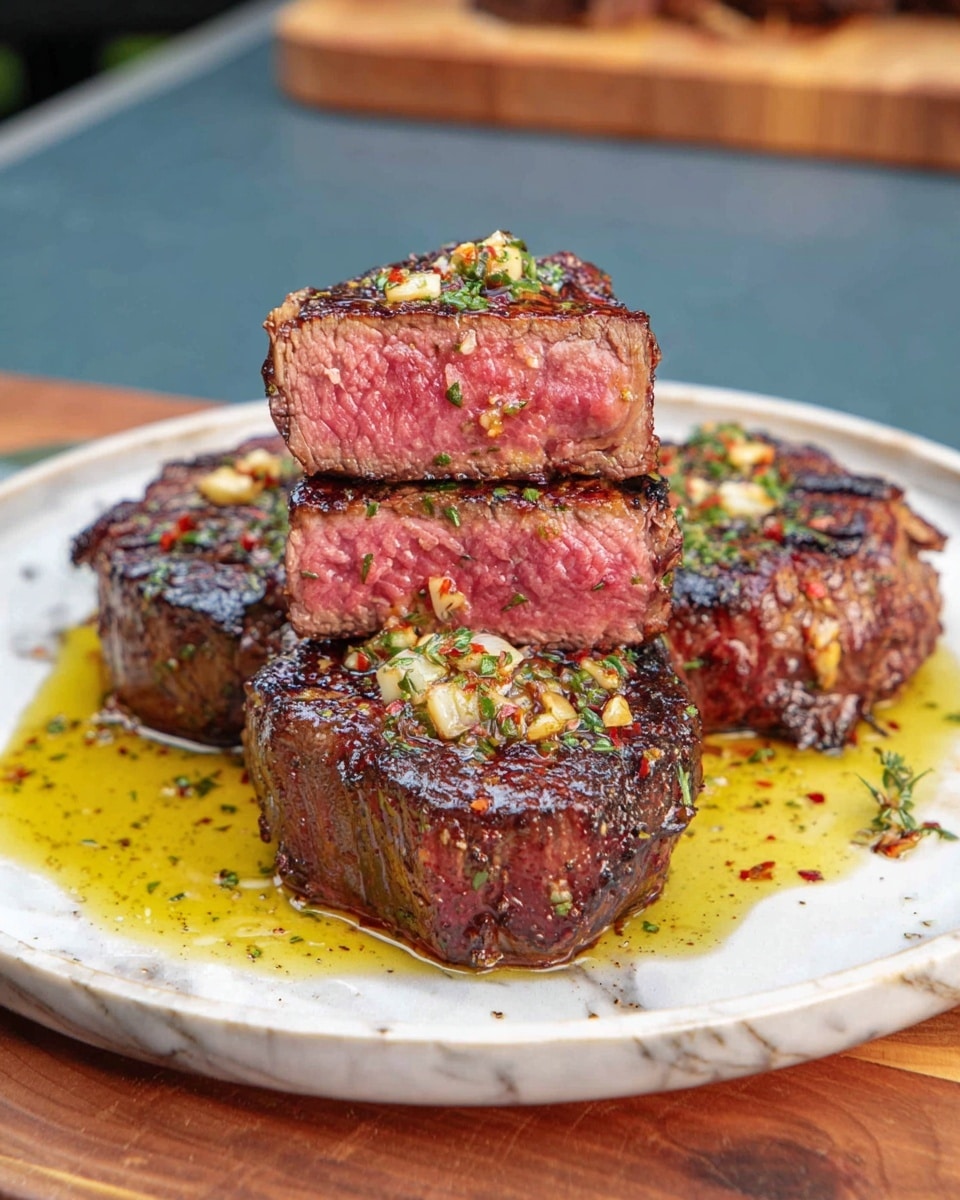 This image shows four thick, round pieces of grilled steak on a white plate with a blue surface. The steak pieces have a charred, dark brown outside layer with a slightly crunchy texture. Two pieces are cut in half and stacked in the front, showing the inside, which is pink and juicy with visible herbs and a tender texture. Each piece is topped with small bits of chopped garlic, herbs, and red pepper flakes, adding a bit of color and texture. There is also a small pool of yellowish oil around the steak on the plate. The plate is set on a wooden board with a white marbled surface under it. photo taken with an iphone --ar 4:5 --v 7