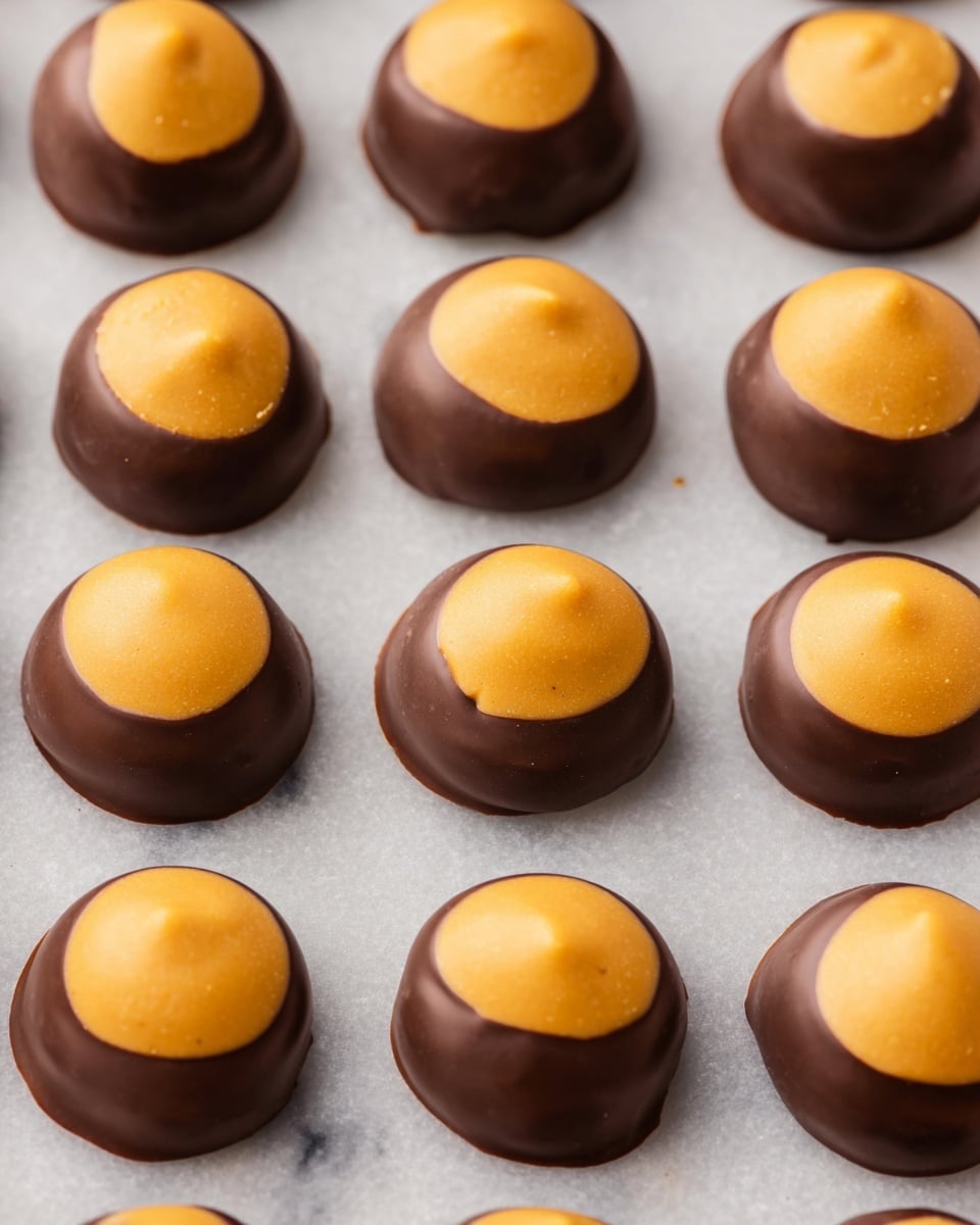 The image shows many small round candies arranged in rows on a white marbled surface. Each candy has two layers: the bottom and sides are covered in smooth, shiny dark brown chocolate, while the top is a matte, light orange peanut butter layer that is slightly rounded and uneven in shape. The candies look uniform in size and their contrasting colors and textures make each piece stand out clearly. Photo taken with an iphone --ar 4:5 --v 7