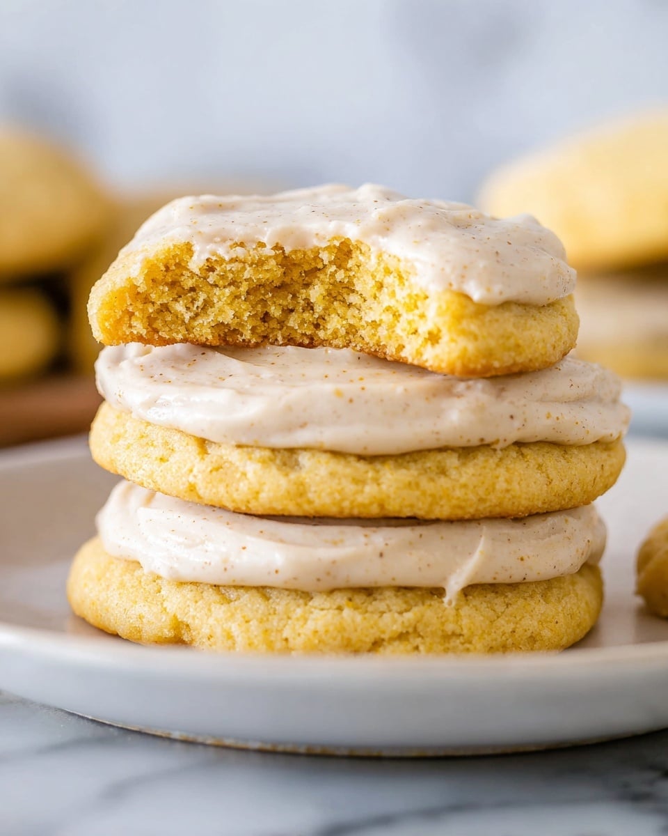A close-up view of a stack of three soft-looking yellow cookies on a white plate, each cookie separated by a thick layer of smooth, pale beige frosting with tiny specks, showing soft texture. The top cookie has a bite taken out of it, revealing a moist and crumbly inside that matches the yellow outer part. The background is softly blurred with a white marbled texture, keeping the focus on the cookies. Photo taken with an iphone --ar 4:5 --v 7