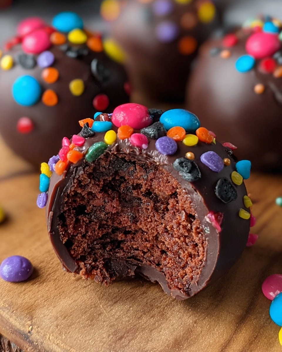 A close-up of a chocolate-covered round cake ball with a bite taken out, revealing a dense, crumbly chocolate interior. The outer layer is smooth, dark chocolate with colorful candy pieces in red, blue, yellow, pink, orange, green, black, and purple scattered on top, giving a playful look. The cake ball sits on a wooden surface with another whole cake ball in the background, also covered in the same dark chocolate and candies. photo taken with an iphone --ar 4:5 --v 7