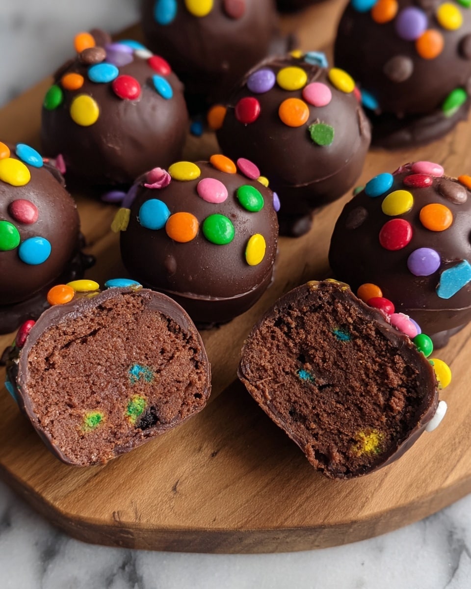 The image shows several round chocolate cake balls covered in a smooth dark chocolate coating, each topped with small colorful candy pieces in red, yellow, green, blue, orange, pink, purple, and brown, scattered over the top. The cake balls are arranged closely on a wooden board placed on a white marbled surface. Two of the cake balls are cut in half, showing a dense, rich, and moist chocolate cake inside with a slightly gritty texture. One cake ball has a bite taken out of it, revealing the same layered inside. The chocolate coating is thick and glossy, slightly cracked in some pieces around the edges. Photo taken with an iphone --ar 4:5 --v 7