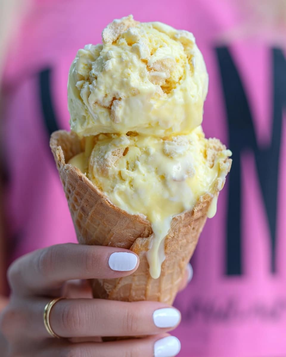 A close-up of two scoops of light yellow ice cream with visible chunks, melting slightly and dripping over a light tan waffle cone held by a woman's hand with French manicure nails and a thin gold ring. The ice cream looks creamy and soft with swirls of a slightly darker yellow sauce. The background is blurred, showing a pink shirt with black letters. The photo taken with an iphone --ar 4:5 --v 7