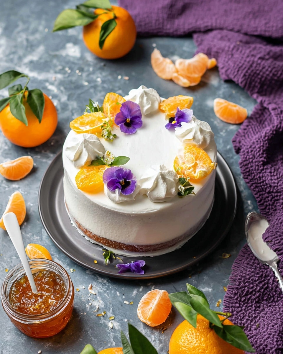 The image shows a small, two-layer round cake covered with smooth white frosting, placed on a dark round tray on a white marbled surface. The top layer is decorated with small white frosting swirls, orange slices arranged around the edges, and purple edible flowers with green leaves. Around the cake, there are peeled and whole small oranges with green leaves scattered, along with orange peel pieces. Next to the cake, there is a small metal container with orange marmalade and a white spoon resting inside. A purple cloth is seen in the background. Photo taken with an iphone --ar 4:5 --v 7