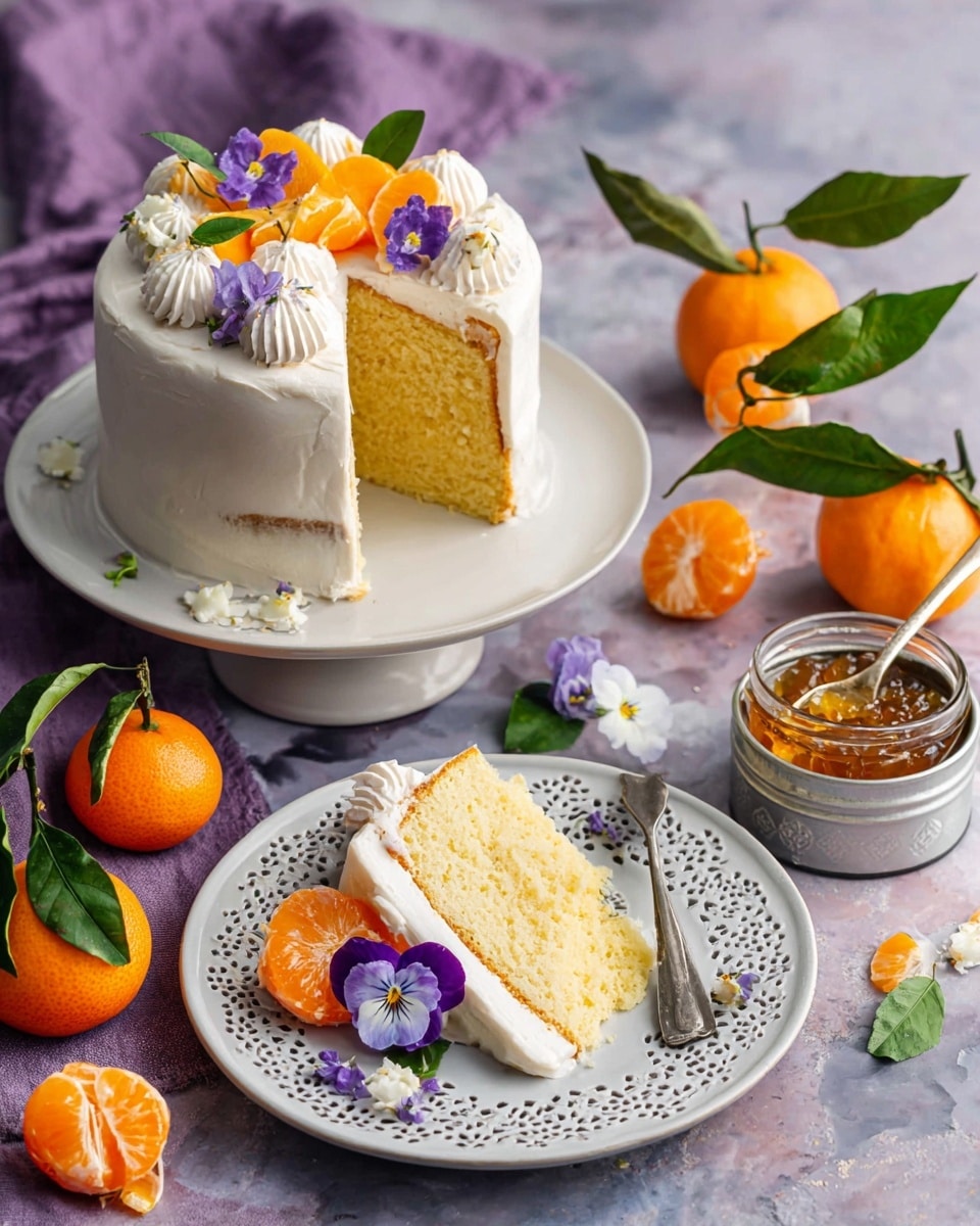A two-layer round cake with light yellow sponge is covered in smooth white frosting with visible texture on the sides. The top has white frosting dollops, orange slices, purple edible flowers, and small green leaves as decoration. A large slice is cut out, showing thick white frosting between the layers. The slice is placed on a white plate with a delicate cut-out pattern, garnished with an orange slice, a purple flower, and a green leaf, with a silver fork beside it. Around the cake are whole and peeled bright orange mandarins with green leaves, and a small white spoon rests in a tin of shiny orange marmalade. The setting is on a white marbled texture with a soft purple cloth in the background. photo taken with an iphone --ar 4:5 --v 7