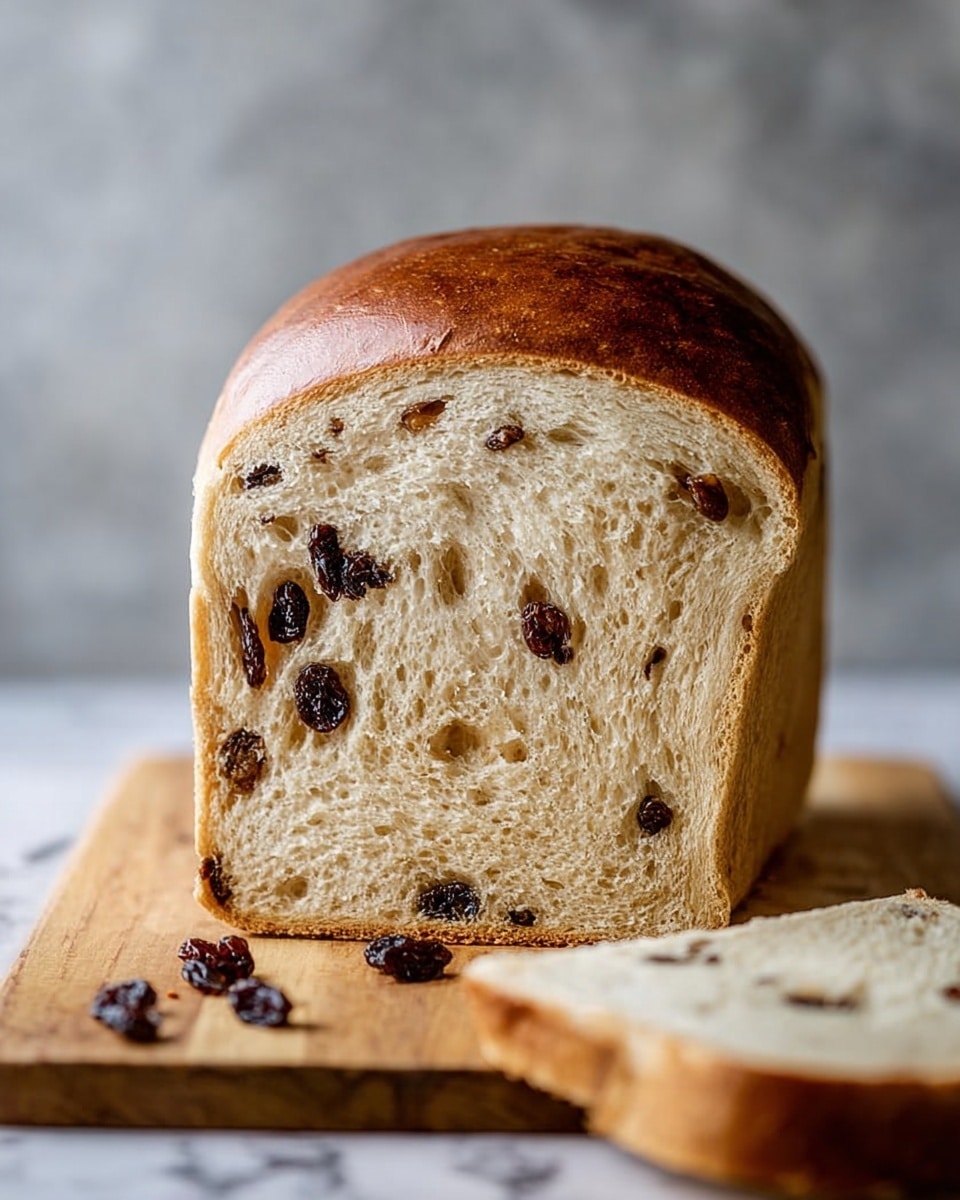 The image shows a close-up of a thick loaf of raisin bread standing vertically on a wooden board. The loaf has a light brown crust on the top with a smooth, shiny texture. Inside, the bread is soft and light beige, dotted with dark, plump raisins scattered unevenly throughout the layers. A slice of the same bread lies flat in the bottom right corner, showing its fluffy and porous texture. A few raisins have fallen onto the wooden board in front of the loaf. The background has a soft, blurred grey tone, and the surface beneath the board is changed to a white marbled texture. Photo taken with an iphone --ar 4:5 --v 7