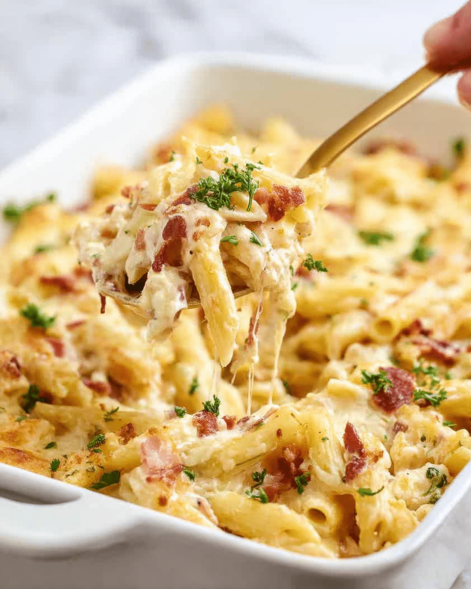 A close-up of a white rectangular casserole dish filled with creamy baked pasta layers, mostly penne coated in melted yellowish cheese mixed with light brown cooked bacon pieces and garnished with green parsley leaves spread evenly on top. A woman's hand holding a gold spoon is lifting a portion of the creamy, cheesy pasta with visible bacon and parsley. The background is a white marbled texture. photo taken with an iphone --ar 4:5 --v 7