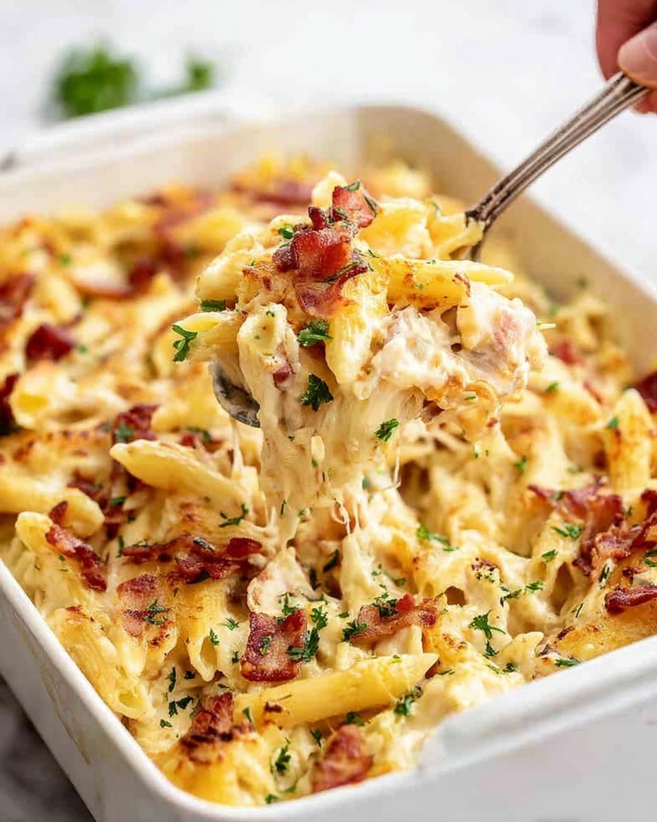 The image shows a white rectangular dish filled with a creamy baked pasta. The bottom layer consists of slightly browned penne pasta mixed with melted cheese, creating a golden crust. On top, scattered pieces of cooked bacon add a reddish-brown contrast with a slight crisp texture. Fresh green parsley leaves are placed intermittently over the dish for a pop of color. A silver spoon, held by a woman's hand, lifts a serving from the dish, showing a thick, gooey mix of melted cheese, pasta, bacon, and parsley. The dish sits on a white marbled surface, bright and clean. photo taken with an iphone --ar 4:5 --v 7
