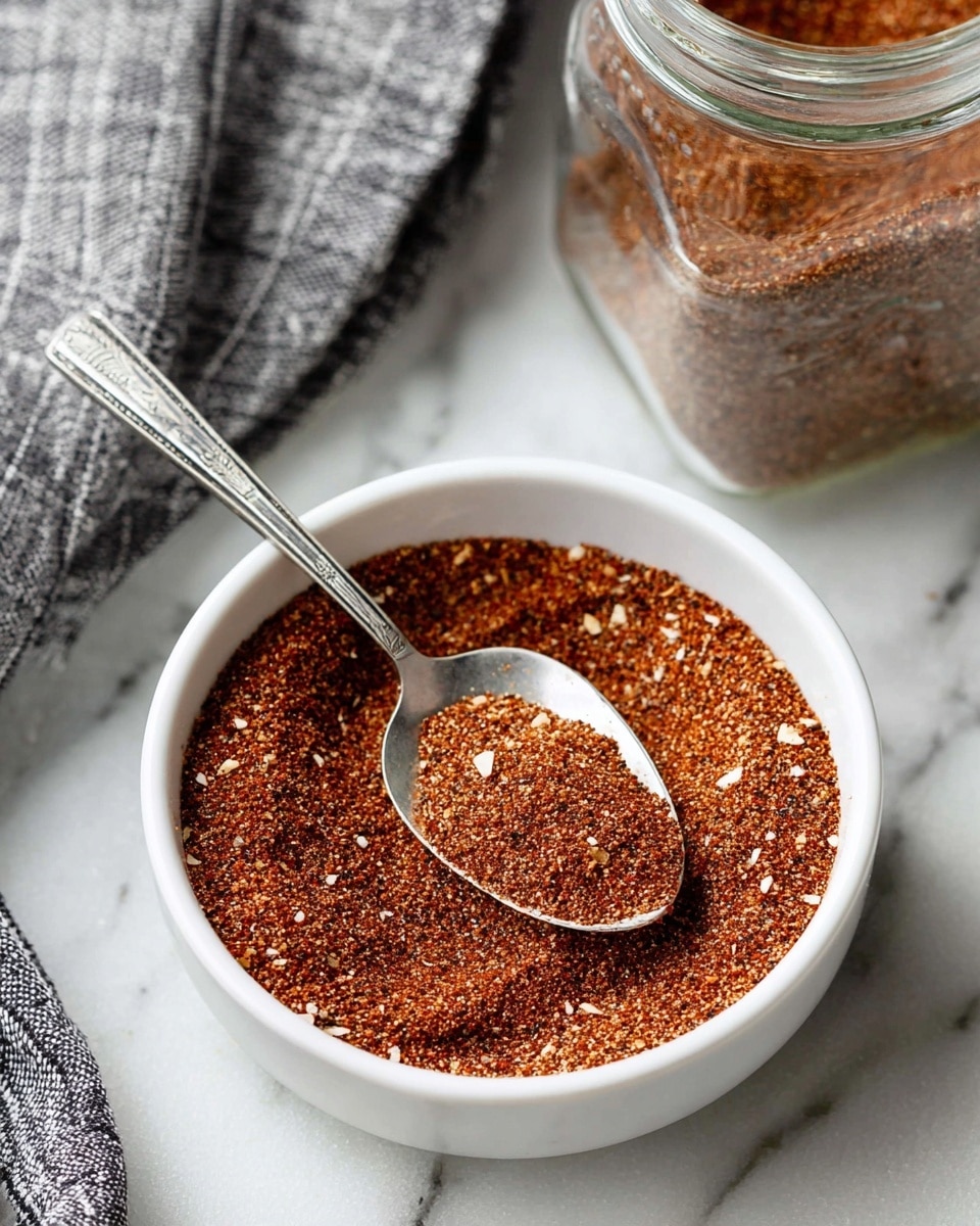 A white bowl filled with a fine, reddish-brown spice mix with visible tiny flakes of different spices. A silver spoon rests inside the bowl, scooping some of the spice, showing a slightly textured surface. The bowl sits on a white marbled surface, next to a gray cloth with a white checked pattern. A glass jar filled with the same spice blend lies partially visible in the upper right corner. photo taken with an iphone --ar 4:5 --v 7