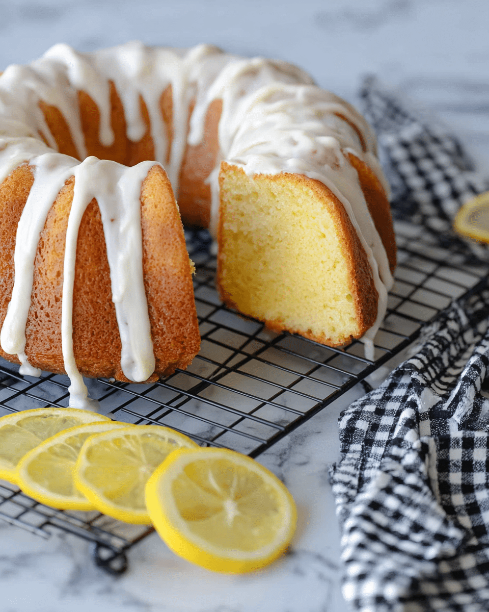 A golden brown bundt cake with a smooth white icing glaze dripping down the ridges, sitting on a black cooling rack over a white marbled surface. One slice of the cake is cut, revealing a soft, moist, light yellow inside texture. In front of the cake, there are three bright yellow lemon slices placed on the cooling rack. A black and white checkered cloth lies partially in the lower right corner, adding a cozy touch. photo taken with an iphone --ar 4:5 --v 7