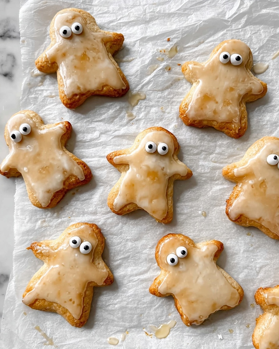 The image shows seven ghost-shaped cookies laid out on white parchment paper, each cookie glazed with a shiny light tan icing that gives them a slightly wet look. Each cookie has two large white candy eyes with black dots, placed near the top of the ghost shapes. The cookies are arranged with some facing different directions, showing smooth, rounded edges and slightly puffed texture underneath the glaze. The parchment paper has some small oily spots around the cookies, and the background is a white marbled surface. photo taken with an iphone --ar 4:5 --v 7