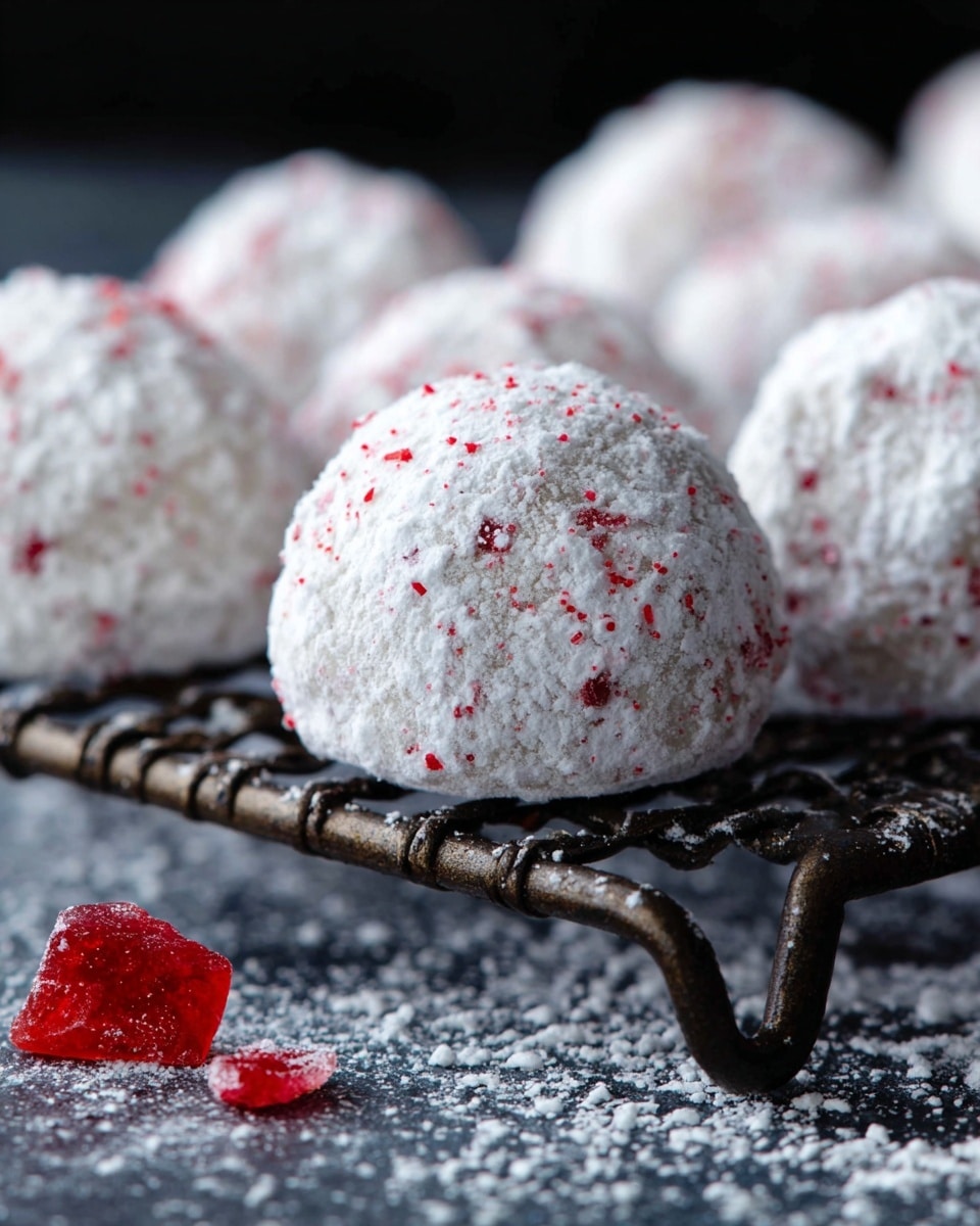 Round snowball-like cookies are covered fully in white powdered sugar with tiny red specks spread all over. They sit on a dark metal cooling rack with one cookie placed slightly off the rack on a dark surface sprinkled with powdered sugar. A bright red piece of broken candy lies out of focus in the front. The overall colors are white with red spots on the cookies and dark gray metal below. The background is blurred in dark gray tones. photo taken with an iphone --ar 4:5 --v 7