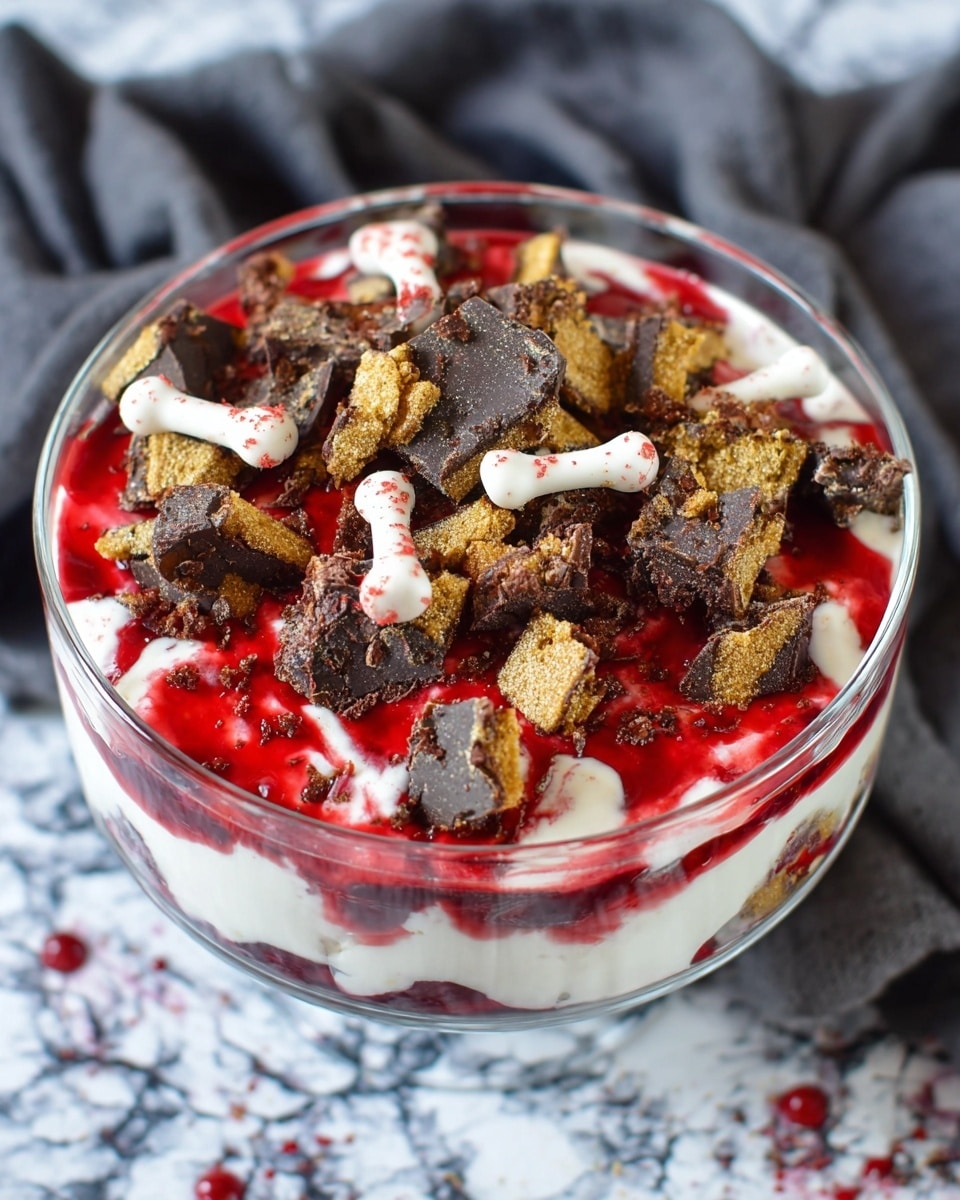 The dish is a layered dessert in a clear glass bowl, placed on a white marbled texture, with a dark gray cloth nearby. The bottom visible layer is creamy white, topped with a bright red sauce spread unevenly. On top of this sauce are scattered chunks of dark chocolate with a slightly rough texture, and golden brown crumbled cookie pieces. Small white candy bones with red specks are placed randomly on the top surface, adding a spooky, festive look. The overall texture is creamy and chunky with contrasting colors of white, red, dark brown, and golden brown. photo taken with an iphone --ar 4:5 --v 7