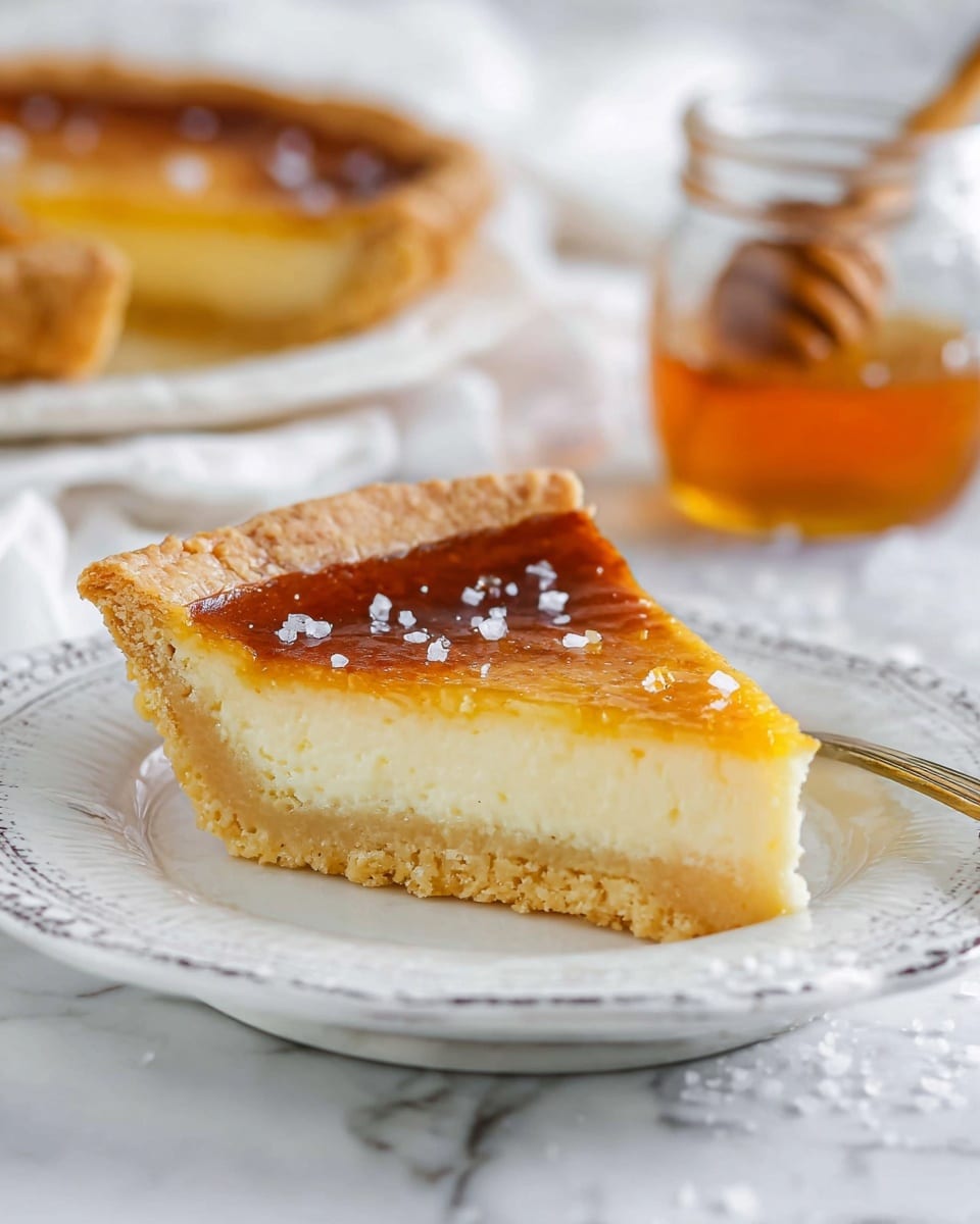 A single slice of pie with three clear layers is placed on a white plate with a delicate border pattern. The bottom layer is a thin, pale golden crust with a slightly crumbly texture. The thick middle layer is smooth and creamy with a pale yellow color. The top layer is a thin, glossy brown baked surface that has a few scattered flakes of coarse white salt. In the background, a blurred piece of the whole pie sits on another white plate, and a glass jar filled with amber honey and a honey dipper sticks out of it. The whole scene rests on a white marbled texture. photo taken with an iphone --ar 4:5 --v 7