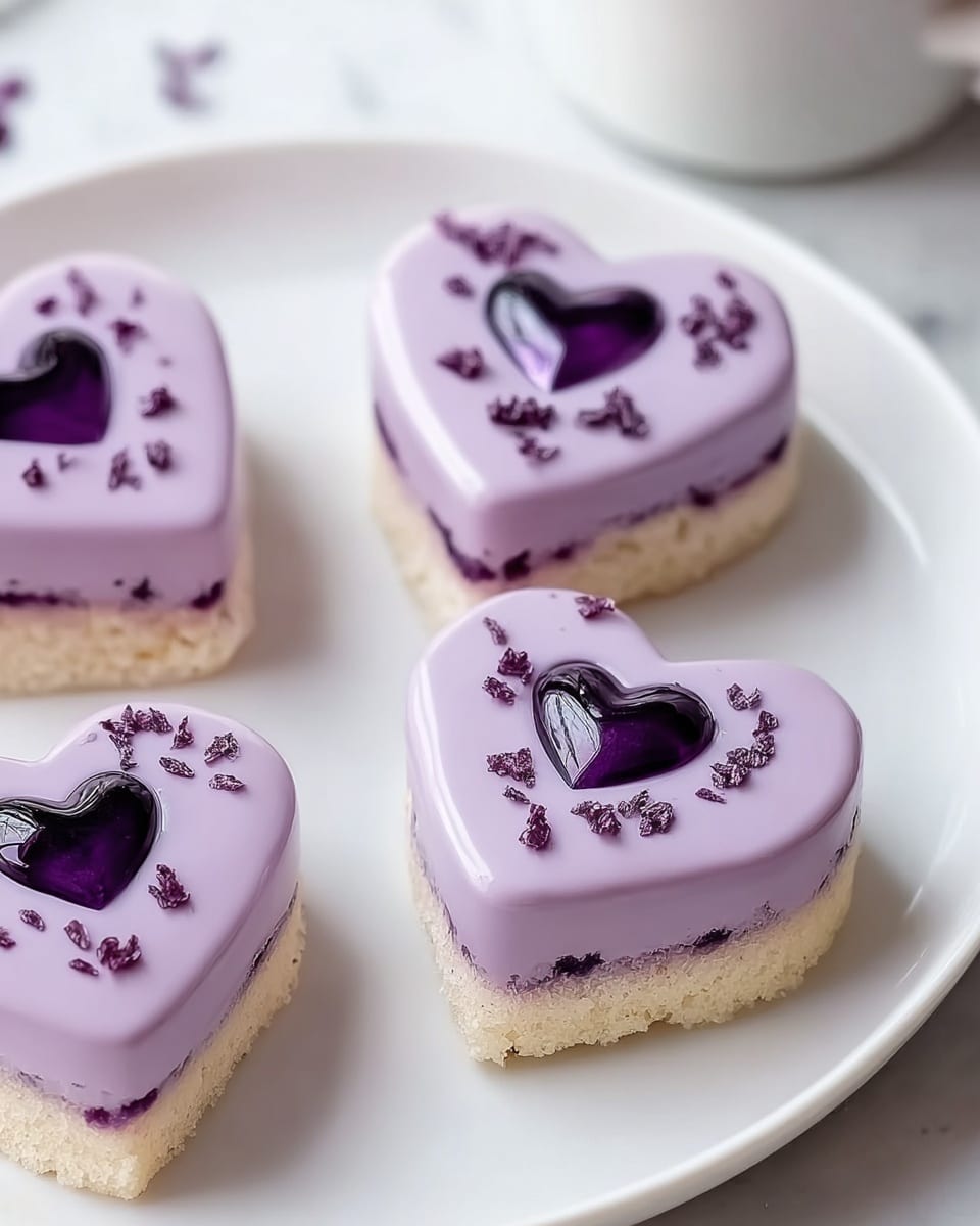 The image shows four small heart-shaped desserts placed on a white plate, set on a white marbled surface. Each dessert has two visible layers: a bottom layer of light beige cake with a soft texture, and a thick top layer of smooth, glossy lavender icing. The icing is decorated with a small, shiny dark purple heart in the center, surrounded by tiny bits of darker purple garnish scattered lightly on the surface. The overall look is neat and shiny, with a soft pastel color palette. Photo taken with an iphone --ar 4:5 --v 7