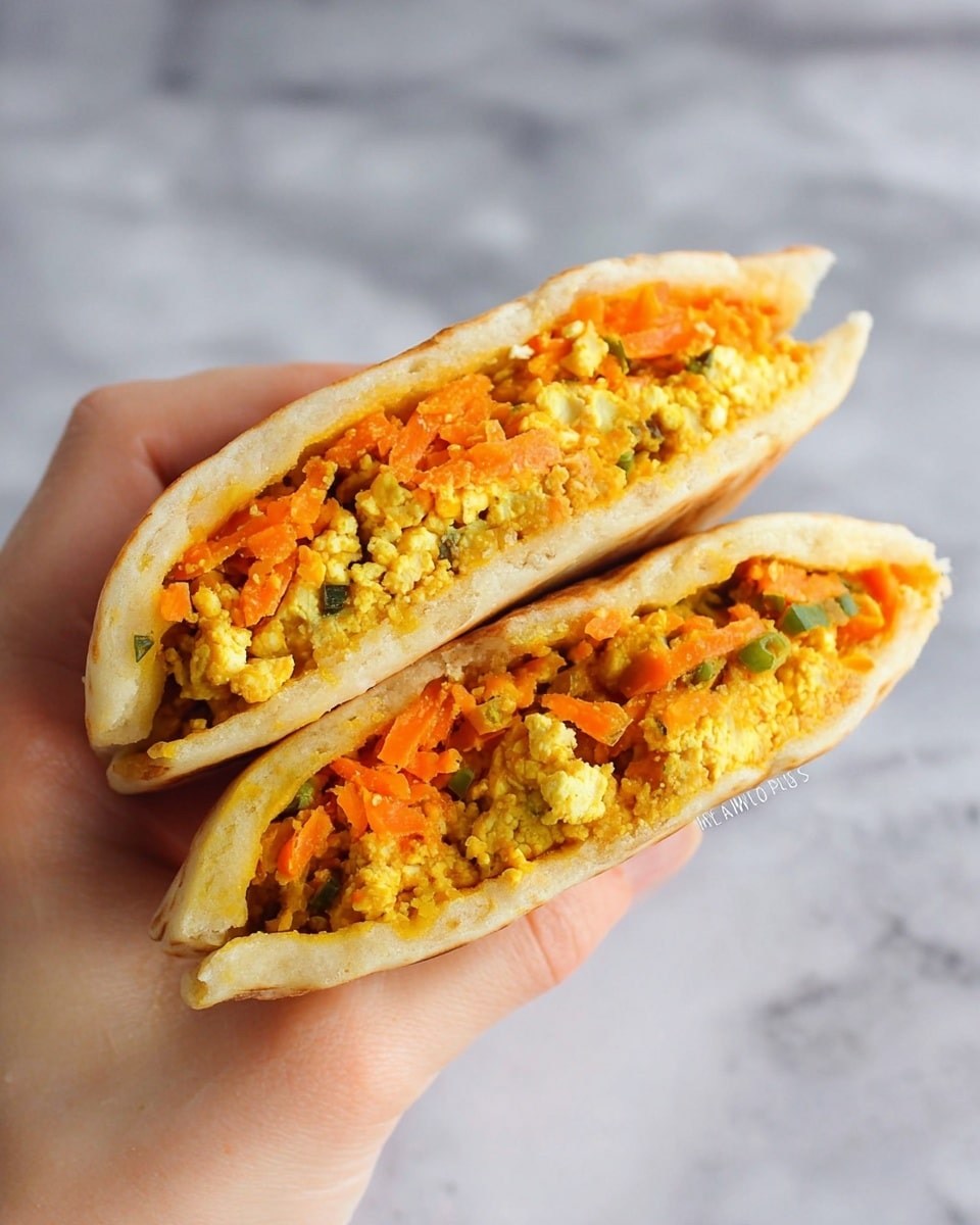 A woman's hand is holding two halves of a folded flatbread sandwich, showing three main layers inside: the soft, pale beige flatbread outside, a bright orange shredded carrot layer in the middle, and a yellow crumbly scrambled tofu mixed with small green vegetable pieces and orange bits filling. The flatbread looks soft and slightly thick, and the filling is packed tightly, displaying a mix of textures from smooth to crumbly and shredded. The background is a white marbled texture. photo taken with an iphone --ar 4:5 --v 7