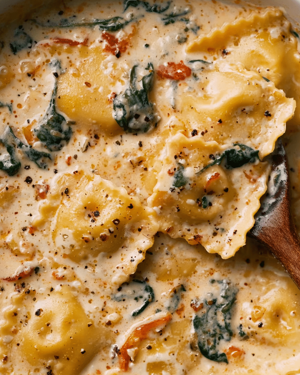This image shows a close-up view of ravioli pasta in a creamy sauce. The ravioli pieces are light yellow with wavy edges, partially covered by the thick, pale cream-colored sauce speckled with small black pepper bits. There are small green spinach leaves and bits of red tomato spread evenly throughout the sauce. A wooden spoon is partially visible on the right side, resting in the sauce. The background is a white marbled texture. Photo taken with an iphone --ar 4:5 --v 7
