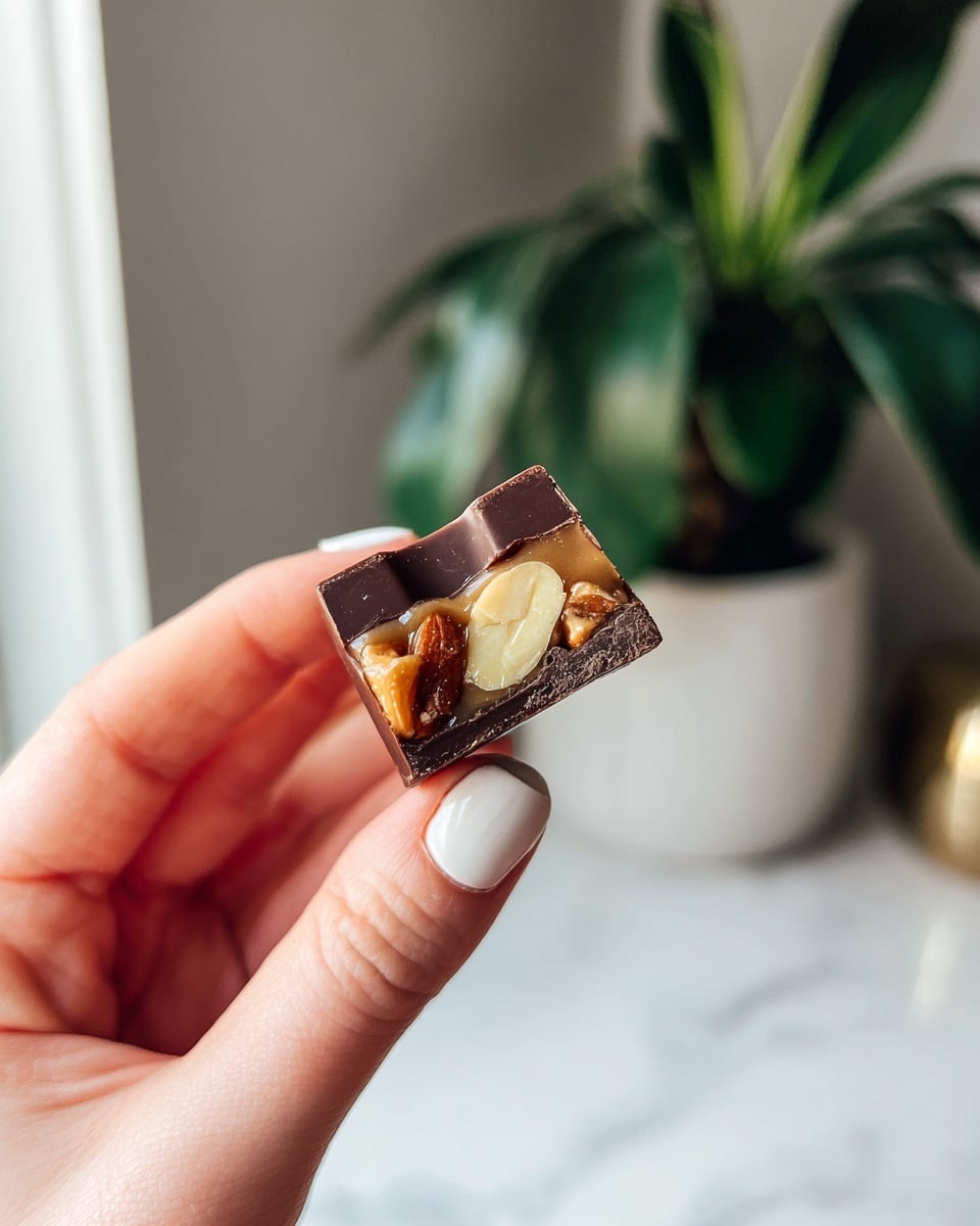 A piece of chocolate held between thumb and index finger of a woman's hand with neatly manicured white nails, showing three distinct layers: a dark smooth chocolate base, a middle layer of caramel with visible whole nuts embedded, and a top layer of light creamy filling, all textured and slightly glossy, with a blurred background of a potted green plant and a white wall featuring minimal decor, placed against a white marbled surface. photo taken with an iphone --ar 4:5 --v 7