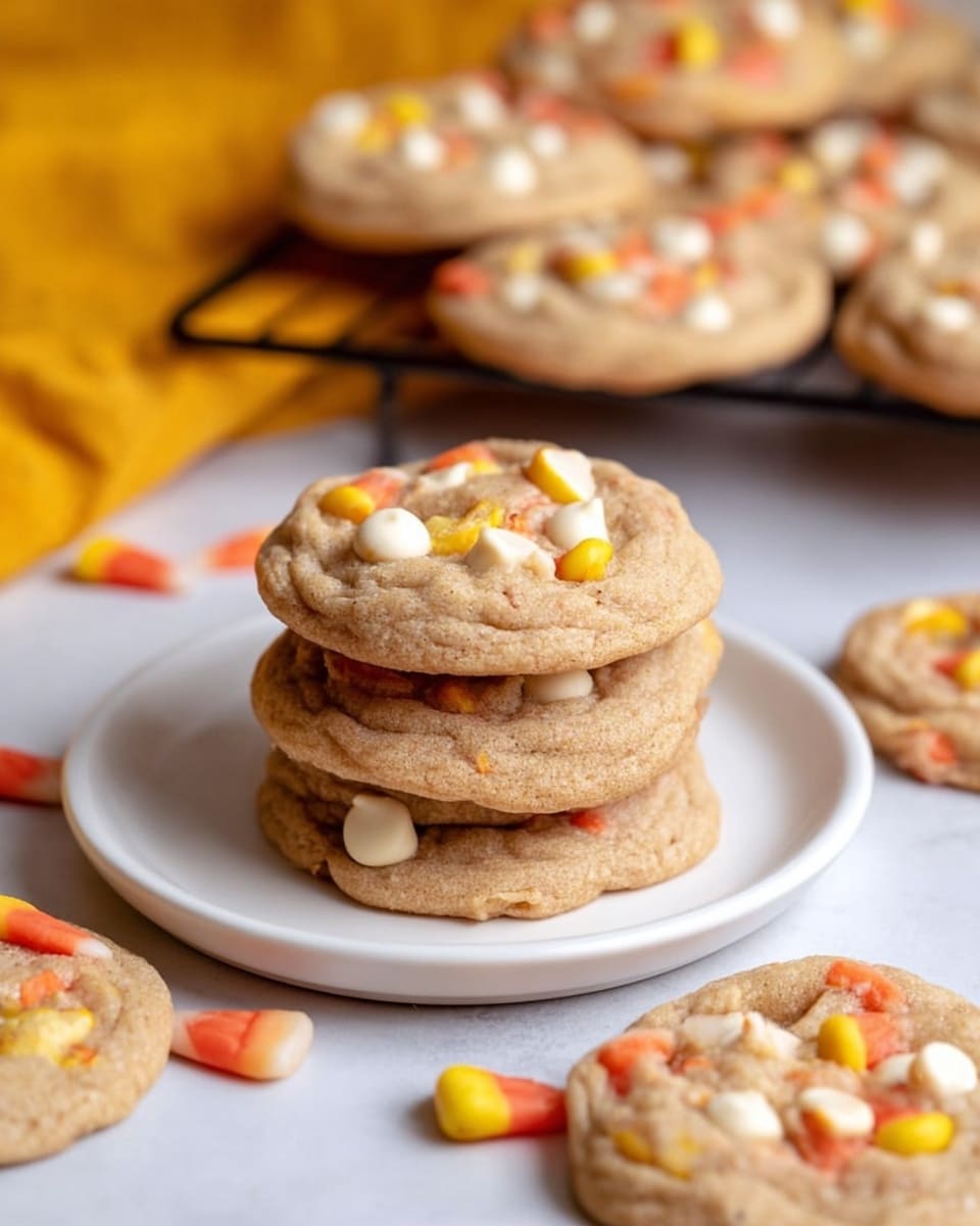 A stack of four soft brown cookies with slightly golden edges sits in the center, each cookie studded with white chocolate chips and pieces of orange, yellow, and white candy corn, giving a colorful contrast on the light brown cookie surface. Around the stack, more cookies are scattered, some stacked in pairs on a white plate to the right, others lying flat on the white marbled surface, with candy corn bits scattered casually among them. Behind, there is a cooling rack filled with more cookies, slightly out of focus, and a yellow cloth adds a splash of color to the scene. photo taken with an iphone --ar 4:5 --v 7