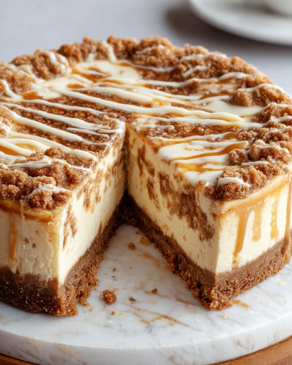 A round cheesecake with three visible layers sits on a white marbled surface. The bottom layer is a thick, crumbly brown crust. The middle layer is creamy and smooth with a pale yellow color mixed with swirls of light brown cinnamon. The top layer has a crumbly cinnamon topping with drizzles of white icing and caramel-colored syrup across the surface. A slice is cut and slightly pulled out, showing the inside layers clearly, and the edges of the cake are well-defined. Photo taken with an iphone --ar 4:5 --v 7